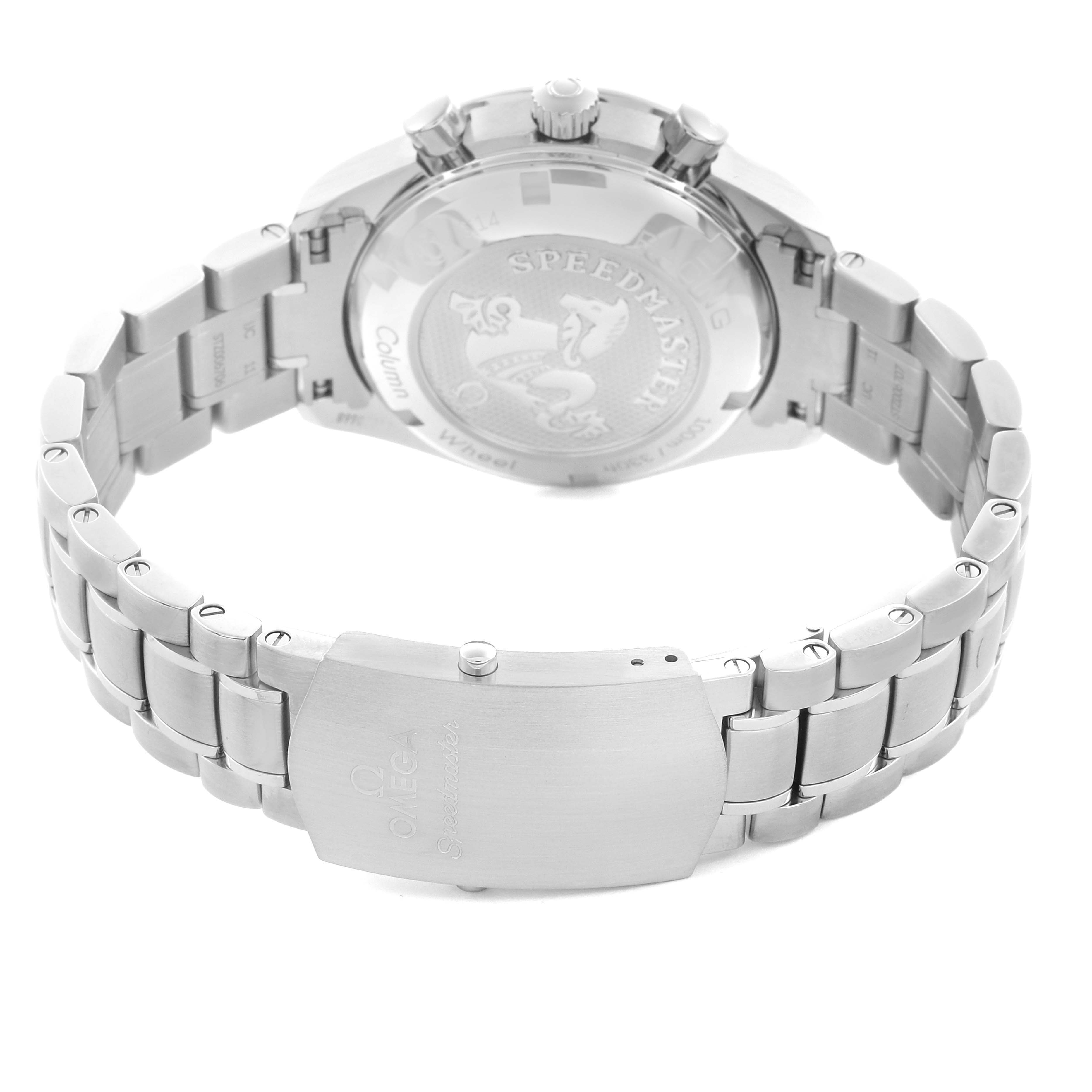 The Omega Speedmaster 326.30.40.50.01.002 Men
s Stainless Steel Black Dial 326.30.40.50.01.002 Men
s Stainless Steel Black Dial watch is shown from the back, highlighting the case back, bracelet, and clasp.