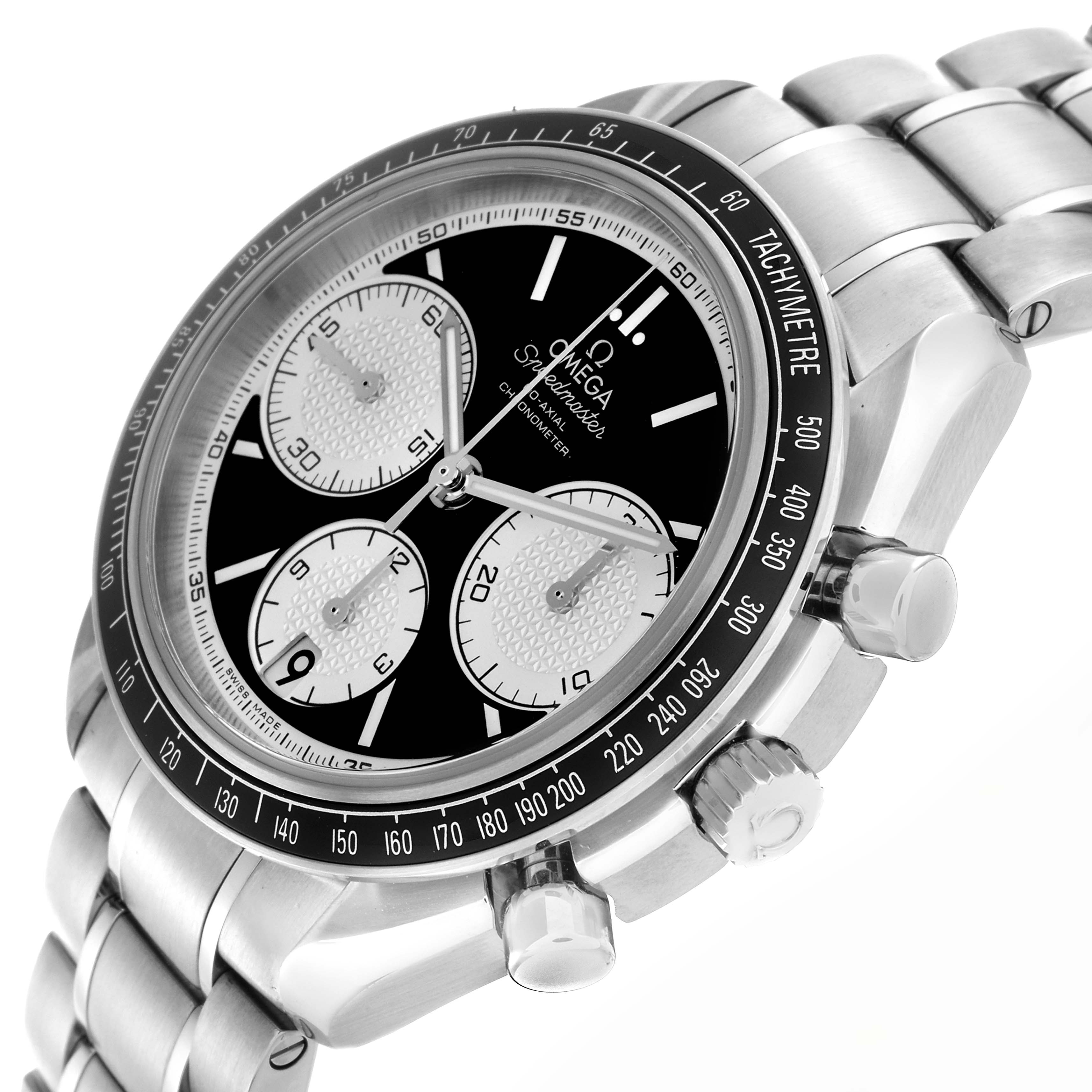 The Omega Speedmaster 326.30.40.50.01.002 Men
s Stainless Steel Black Dial 326.30.40.50.01.002 Men
s Stainless Steel Black Dial watch is shown from a side angle highlighting its dial, tachymeter bezel, and stainless steel bracelet.