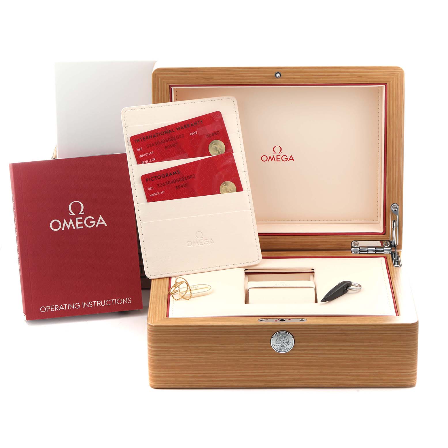 The image shows the Omega Speedmaster 326.30.40.50.01.002 Men
s Stainless Steel Black Dial 326.30.40.50.01.002 Men
s Stainless Steel Black Dial
s open wooden box, warranty cards, and user manual from a front angle.