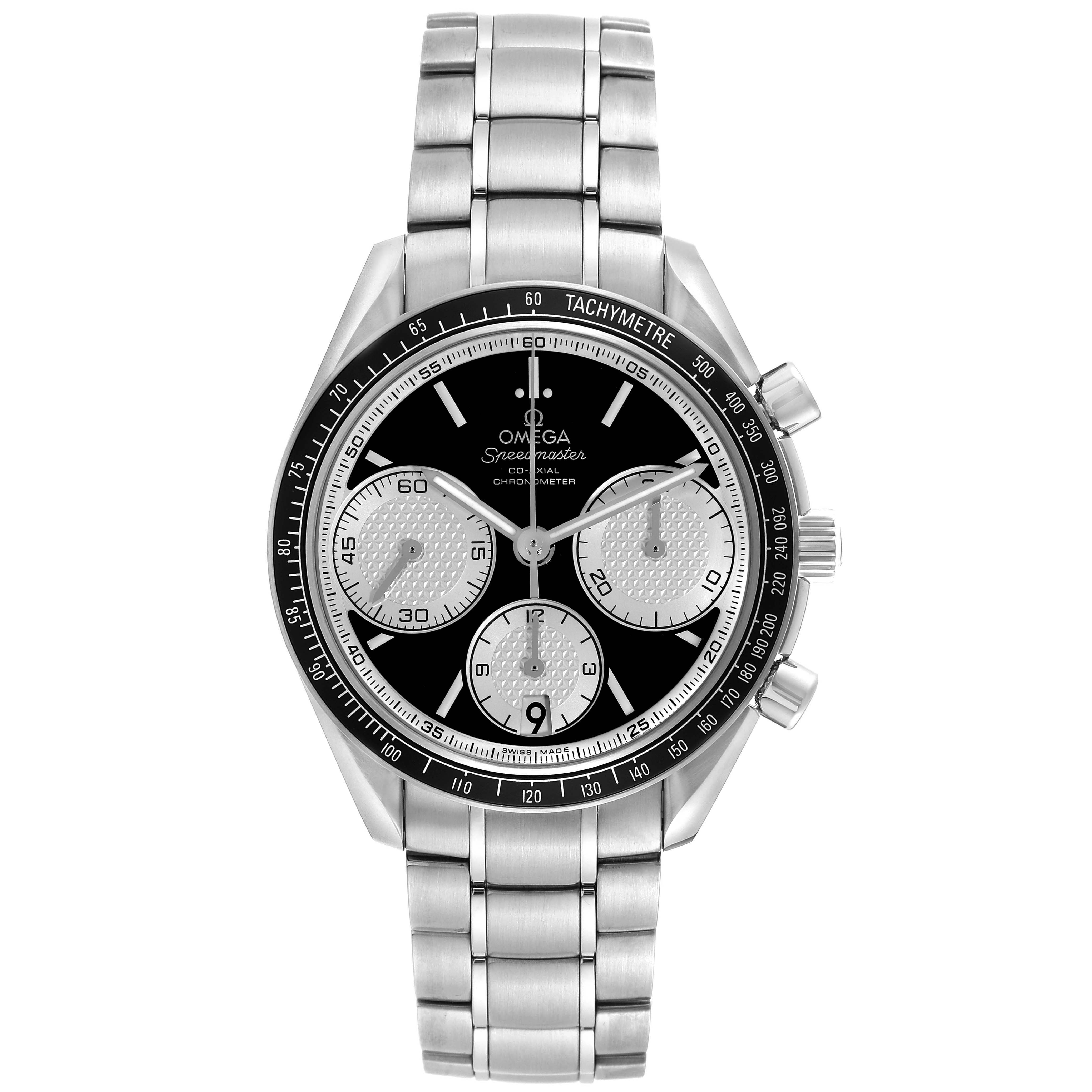 The Omega Speedmaster 326.30.40.50.01.002 Men
s Stainless Steel Black Dial 326.30.40.50.01.002 Men
s Stainless Steel Black Dial watch is shown from a front angle, displaying the full dial, tachymeter bezel, and stainless steel bracelet.
