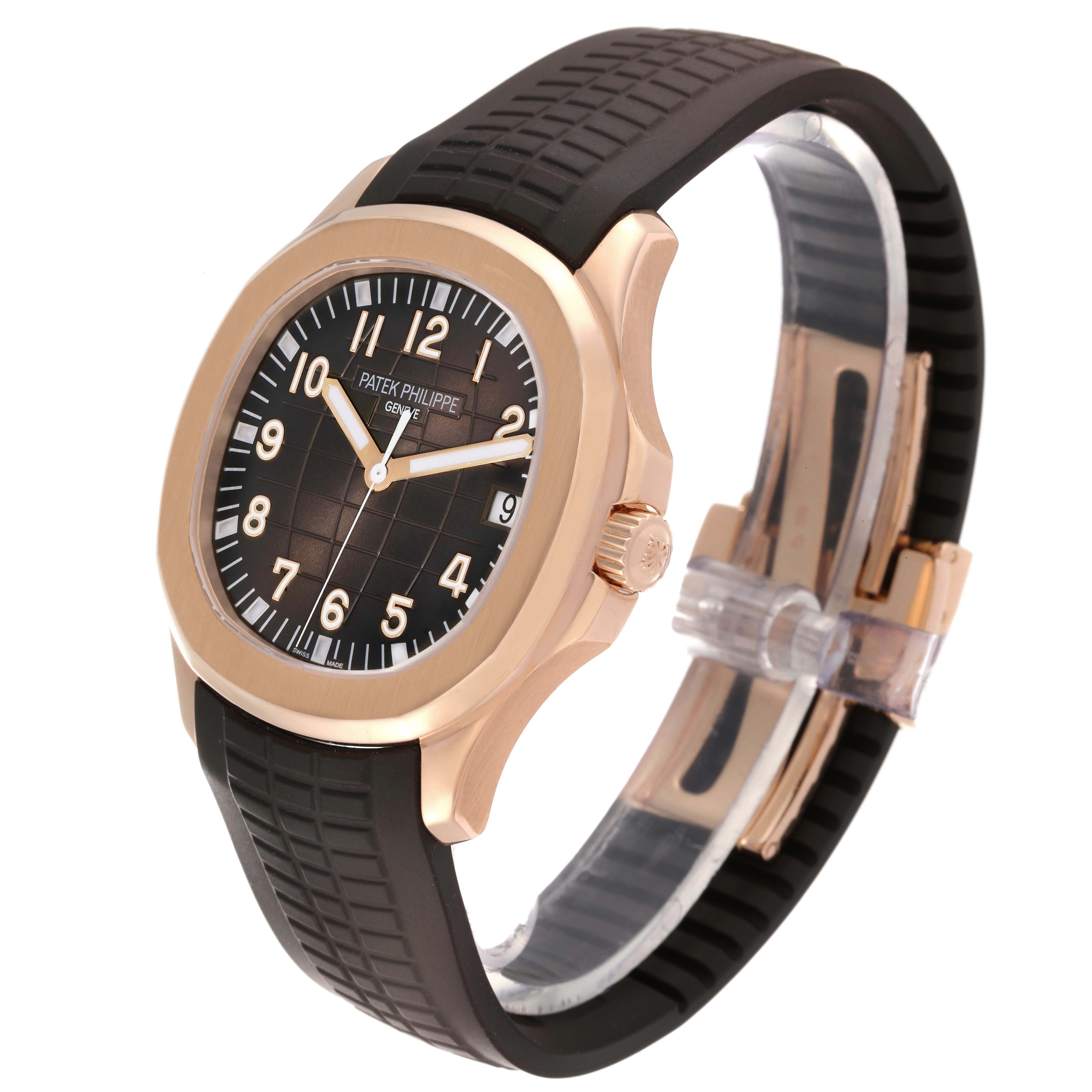 The Patek Philippe Aquanaut 5167R-001 Men
s Rose Gold Brown Dial 5167R-001 Men
s Rose Gold Brown Dial watch is shown at a three-quarter angle, highlighting the face, bezel, crown, and rubber strap.