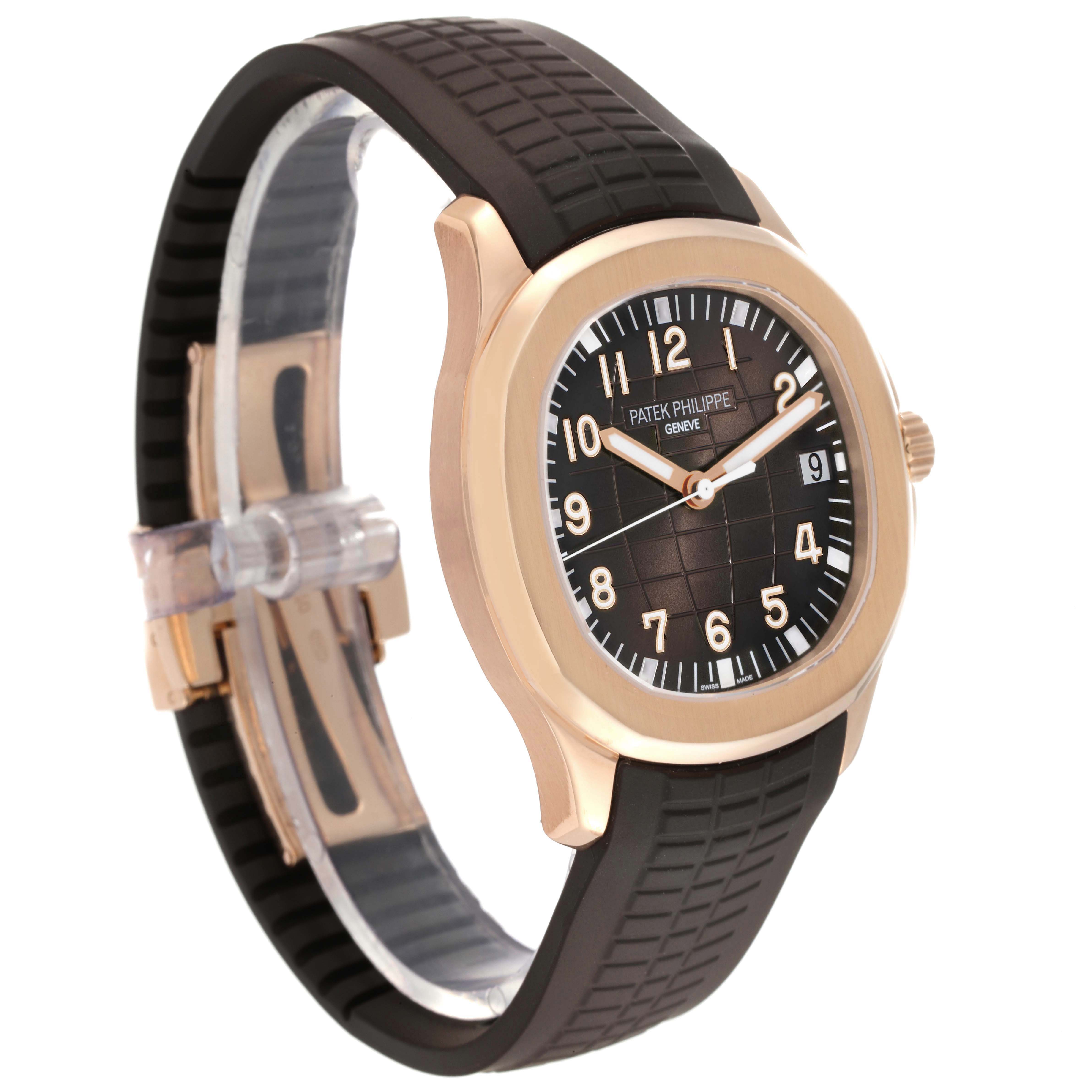 The Patek Philippe Aquanaut 5167R-001 Men
s Rose Gold Brown Dial 5167R-001 Men
s Rose Gold Brown Dial is shown at a three-quarter angle, displaying the dial, bezel, and strap prominently.