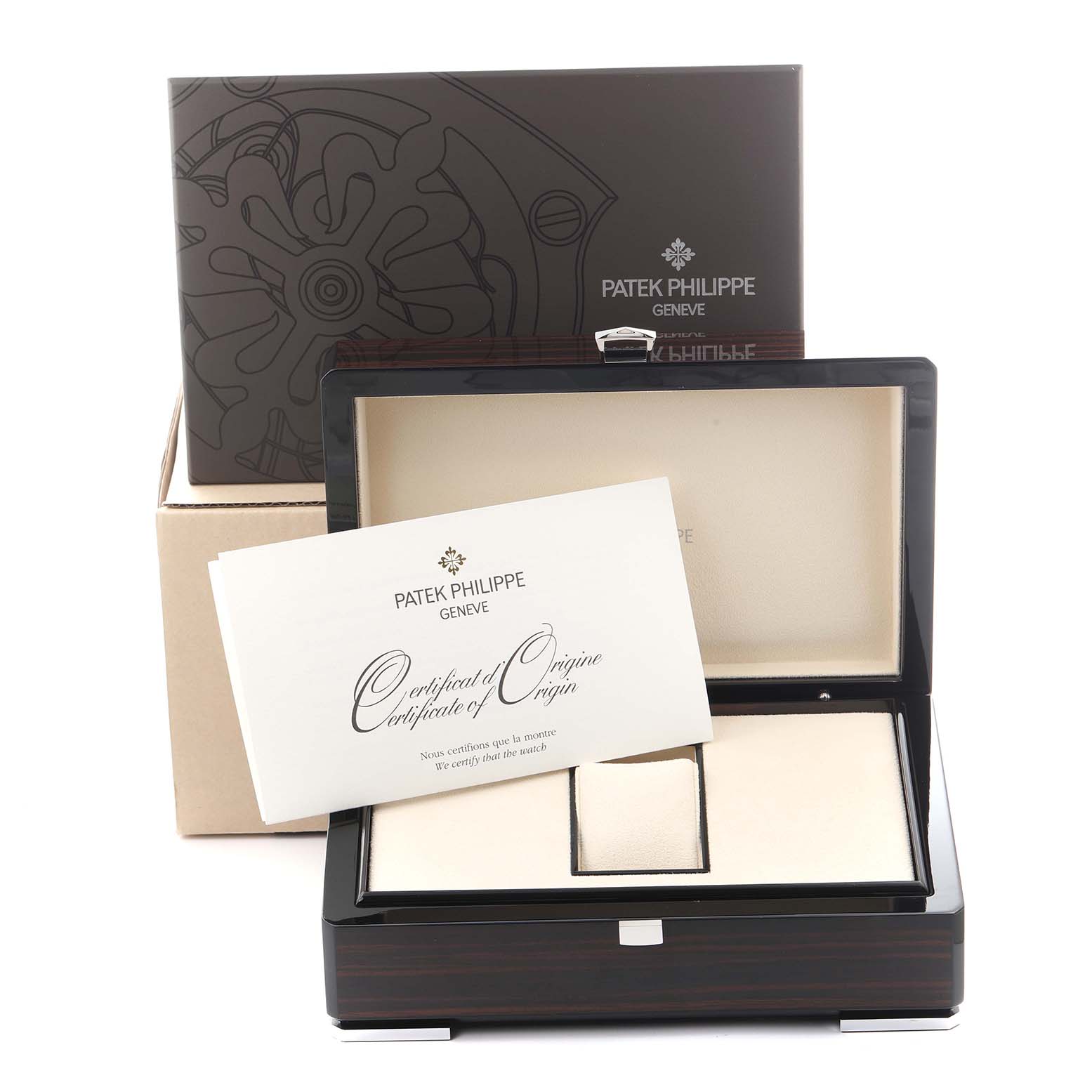 The image shows the packaging and certificate of origin for the Patek Philippe Aquanaut 5167R-001 Men
s Rose Gold Brown Dial 5167R-001 Men
s Rose Gold Brown Dial.