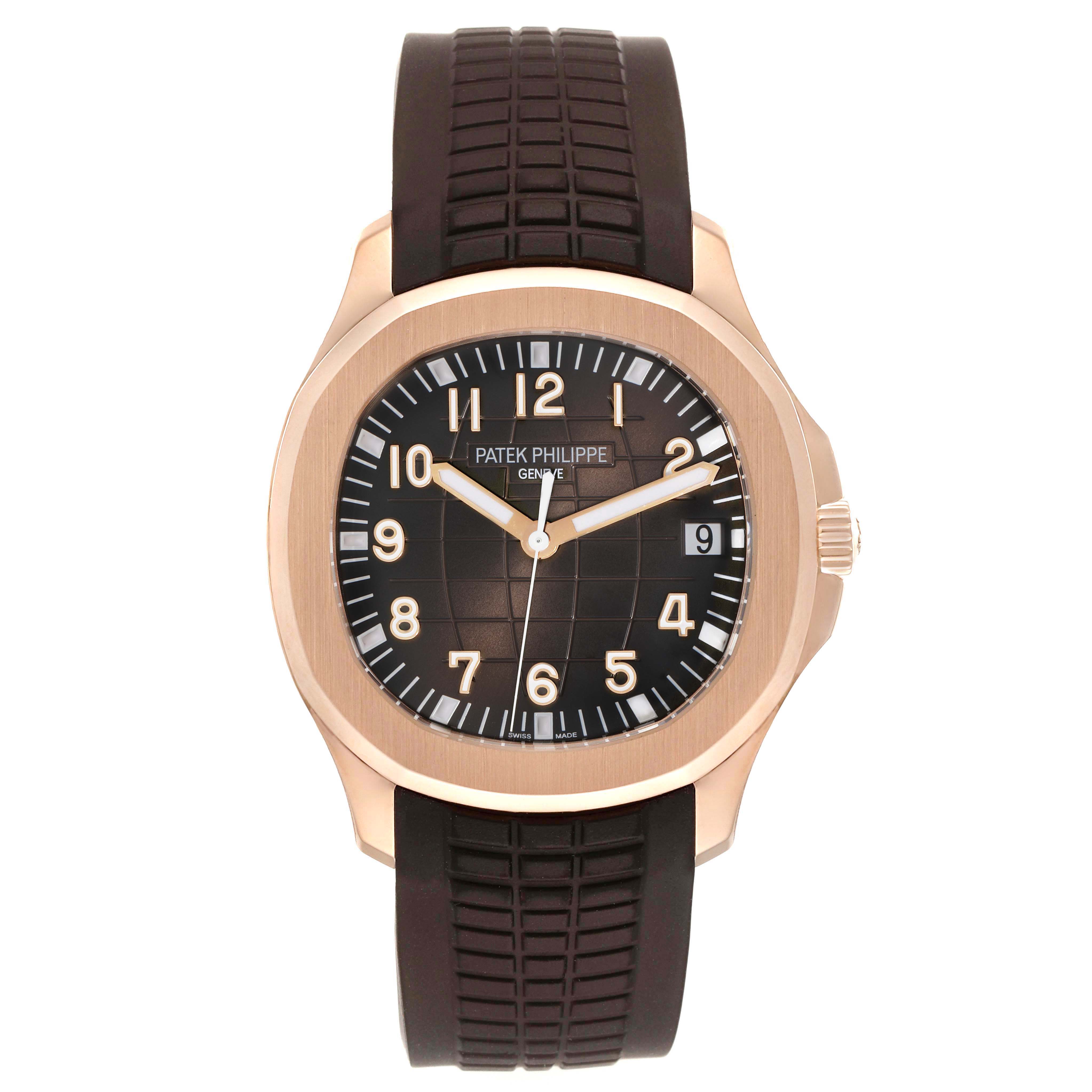 The Patek Philippe Aquanaut 5167R-001 Men
s Rose Gold Brown Dial 5167R-001 Men
s Rose Gold Brown Dial watch is shown from a front angle, highlighting its dial, case, strap, and crown.
