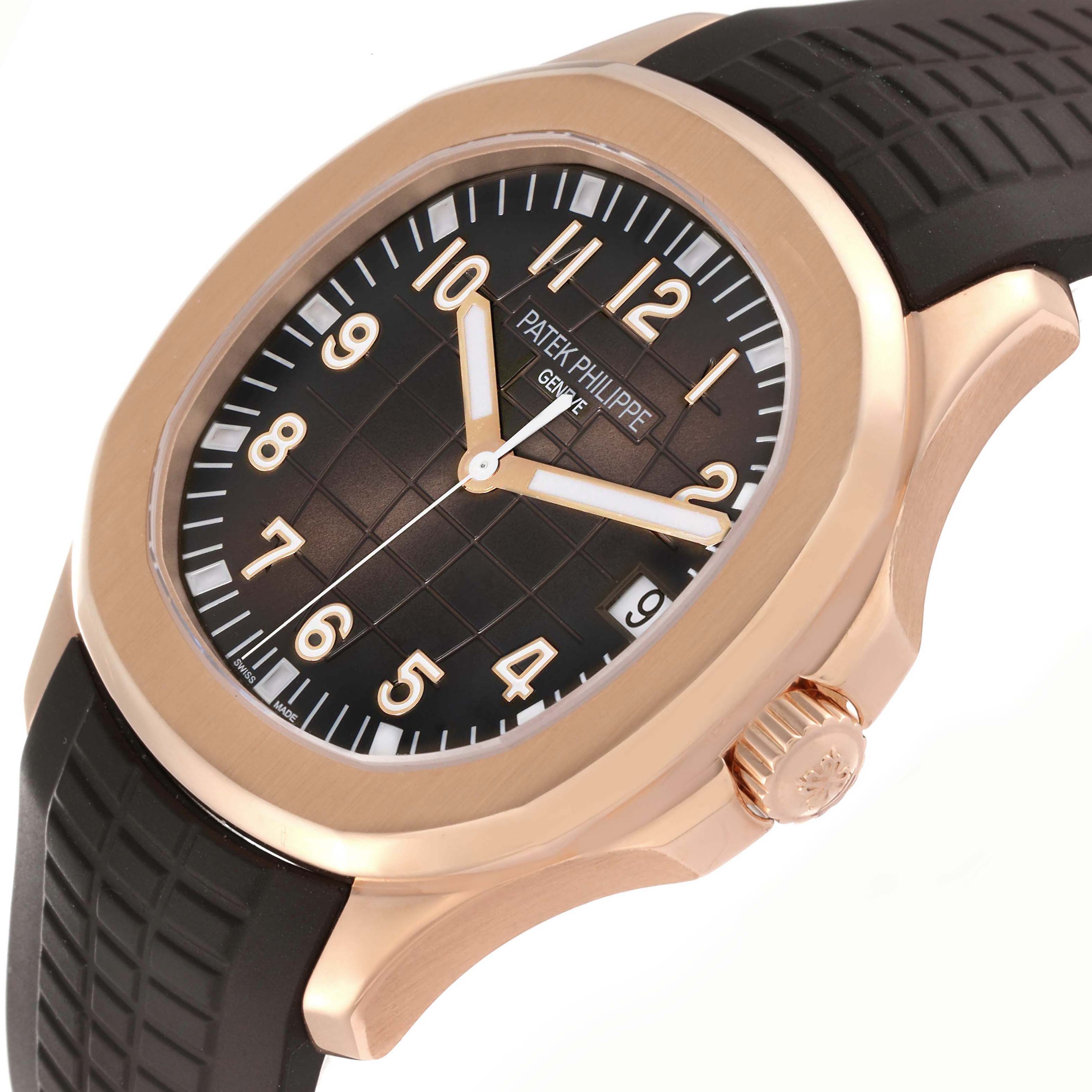 The image shows a side-angle view of a Patek Philippe Aquanaut 5167R-001 Men
s Rose Gold Brown Dial 5167R-001 Men
s Rose Gold Brown Dial watch highlighting the case, dial, strap, and crown.