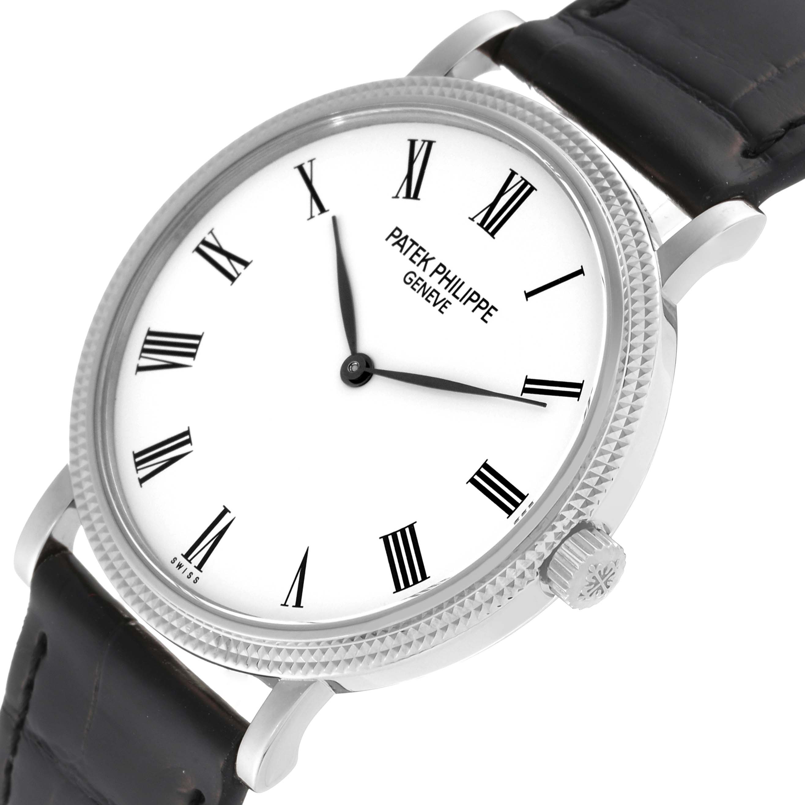 This Patek Philippe Calatrava 5120 Men
s White Gold White Dial 5120 Men
s White Gold White Dial watch is shown at a slight angle, highlighting its face, bezel, crown, and black leather strap.