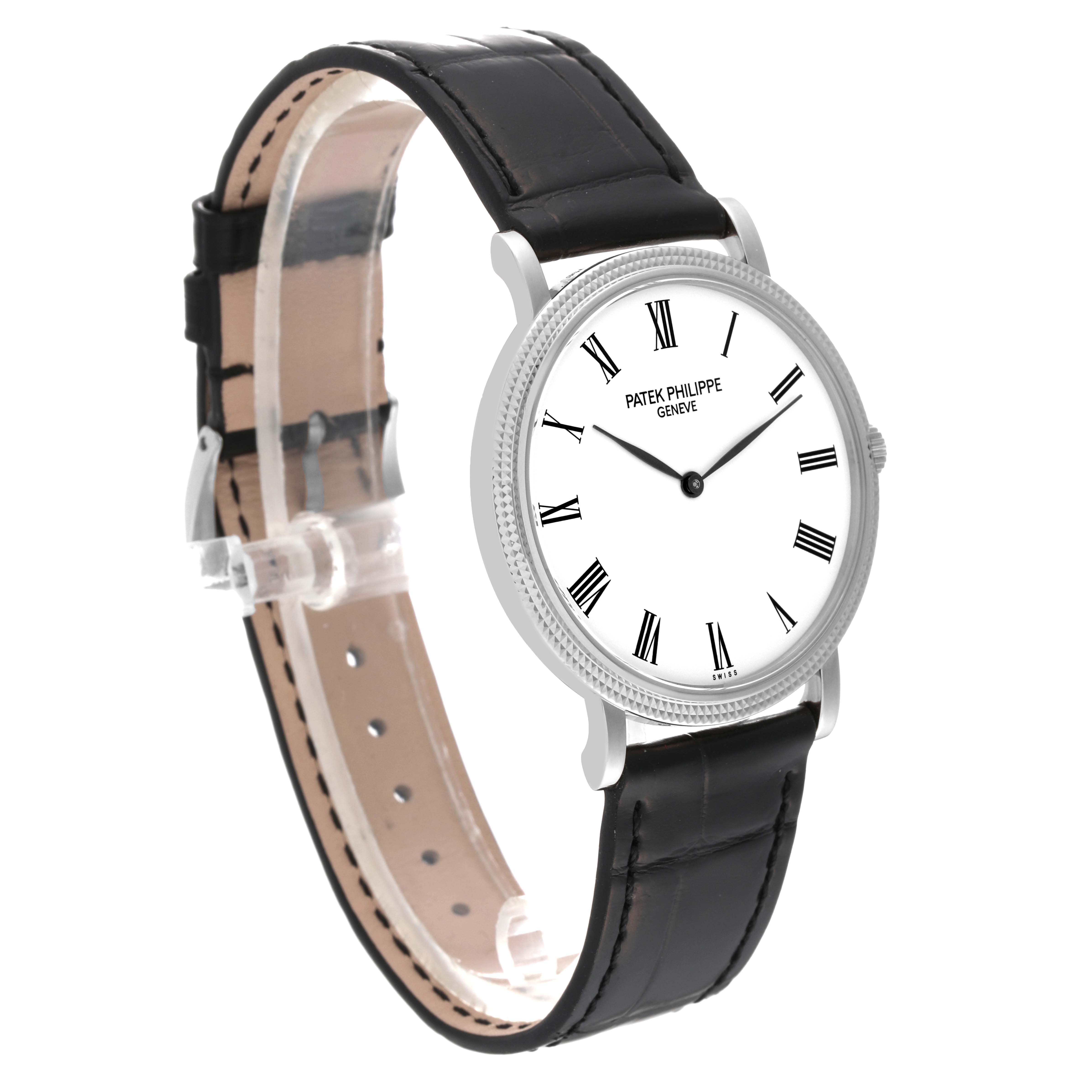 The Patek Philippe Calatrava 5120 Men
s White Gold White Dial 5120 Men
s White Gold White Dial watch is shown at a slightly angled side view, highlighting the face, bezel, and leather strap.