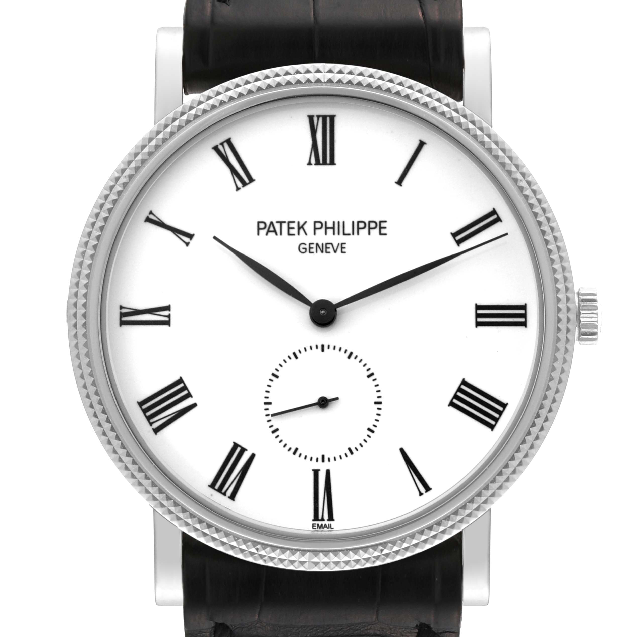This image shows a front view of a Patek Philippe Calatrava 5116G Men
s White Gold White Dial 5116G Men
s White Gold White Dial watch, displaying its dial, hands, Roman numerals, and crown.
