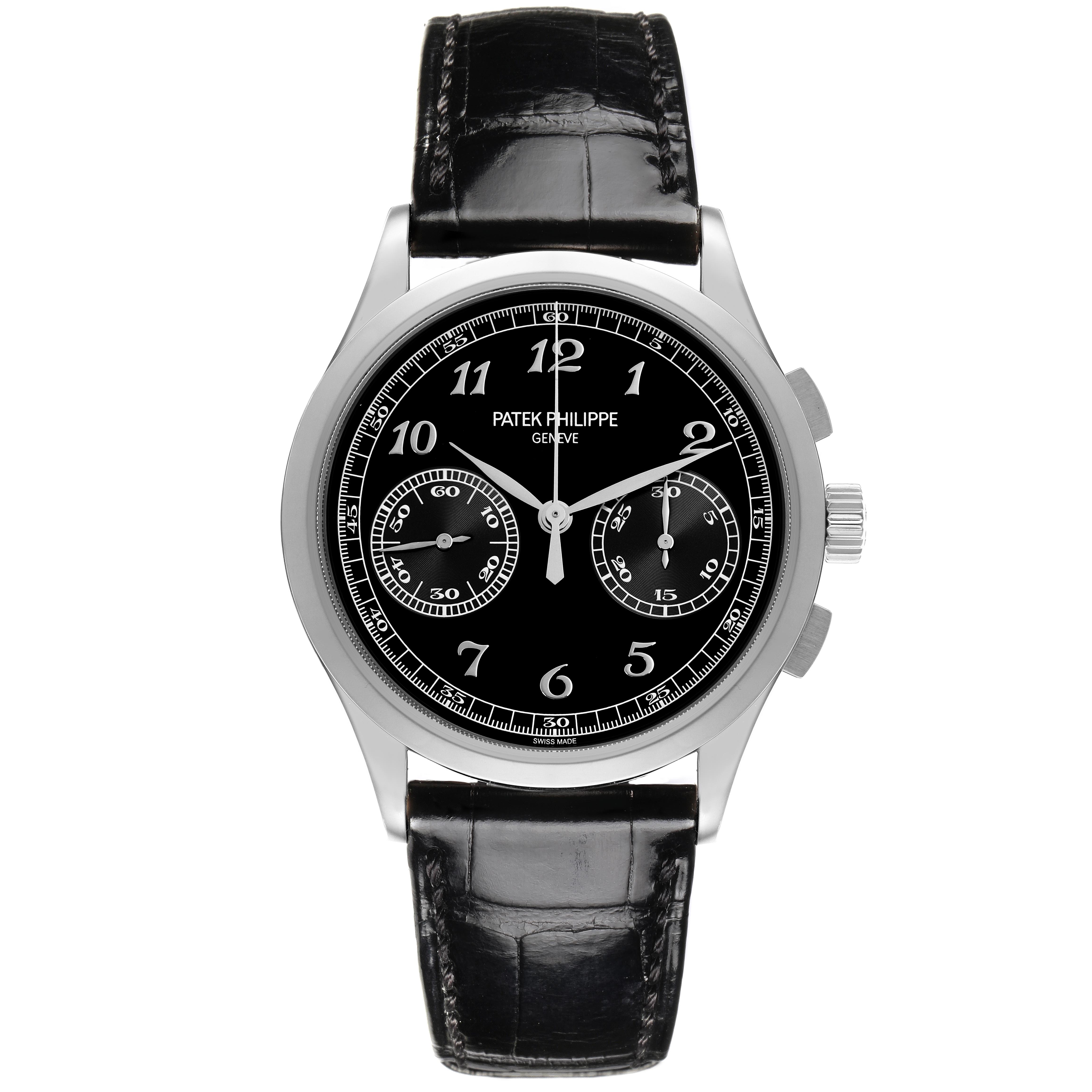 The Patek Philippe Complications 5170G-010 Men
s White Gold Black Dial 5170G-010 Men
s White Gold Black Dial watch is shown from the front, displaying the dial, hands, subdials, case, and leather strap.