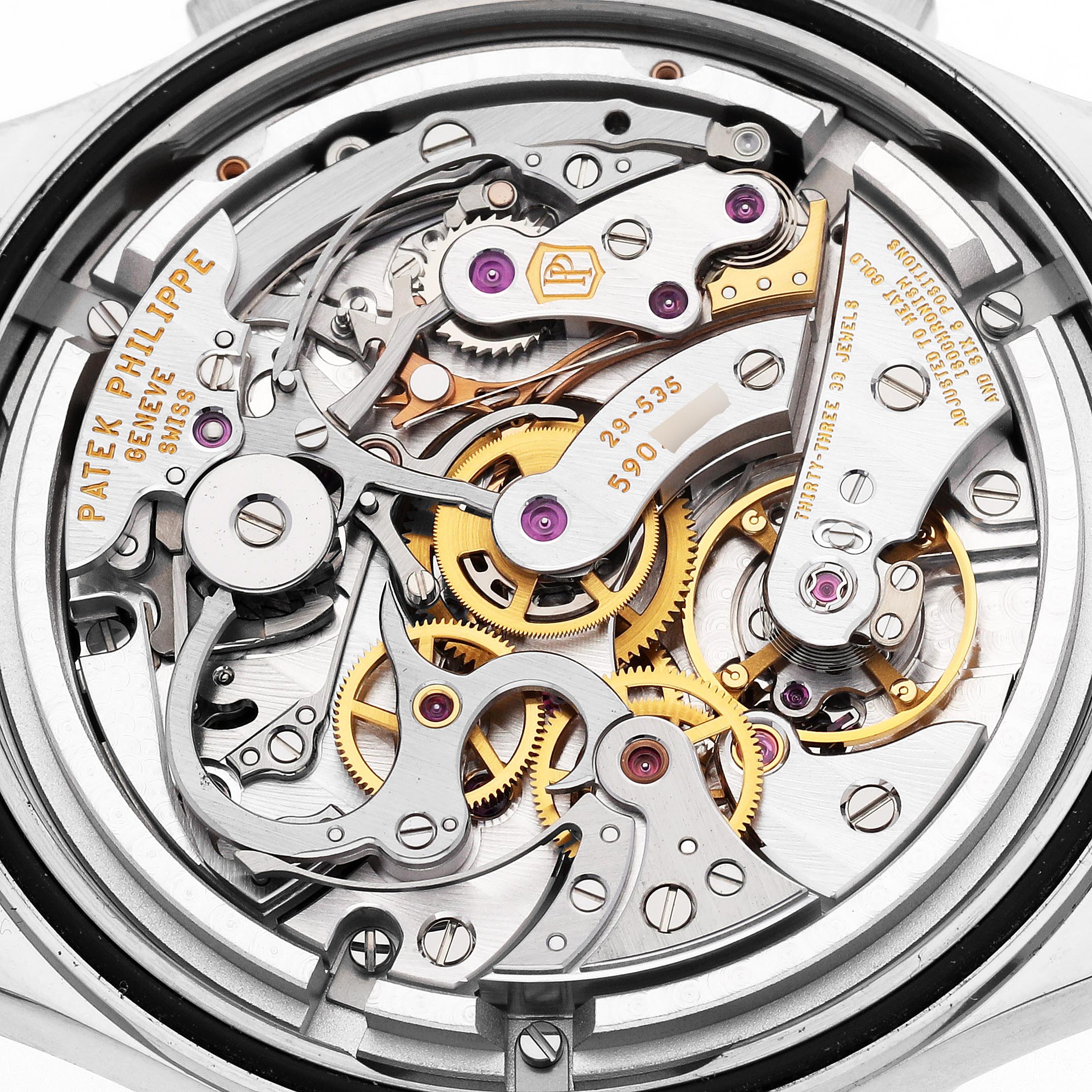 The image shows the intricate movement of a Patek Philippe Complications 5170G-010 Men
s White Gold Black Dial 5170G-010 Men
s White Gold Black Dial watch from a back view.