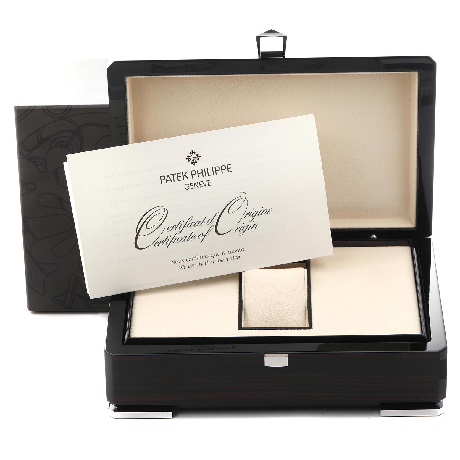The image shows a Patek Philippe Complications 5170G-010 Men
s White Gold Black Dial 5170G-010 Men
s White Gold Black Dial watch box at a slight angle with an open lid, displaying a Certificate of Origin inside.