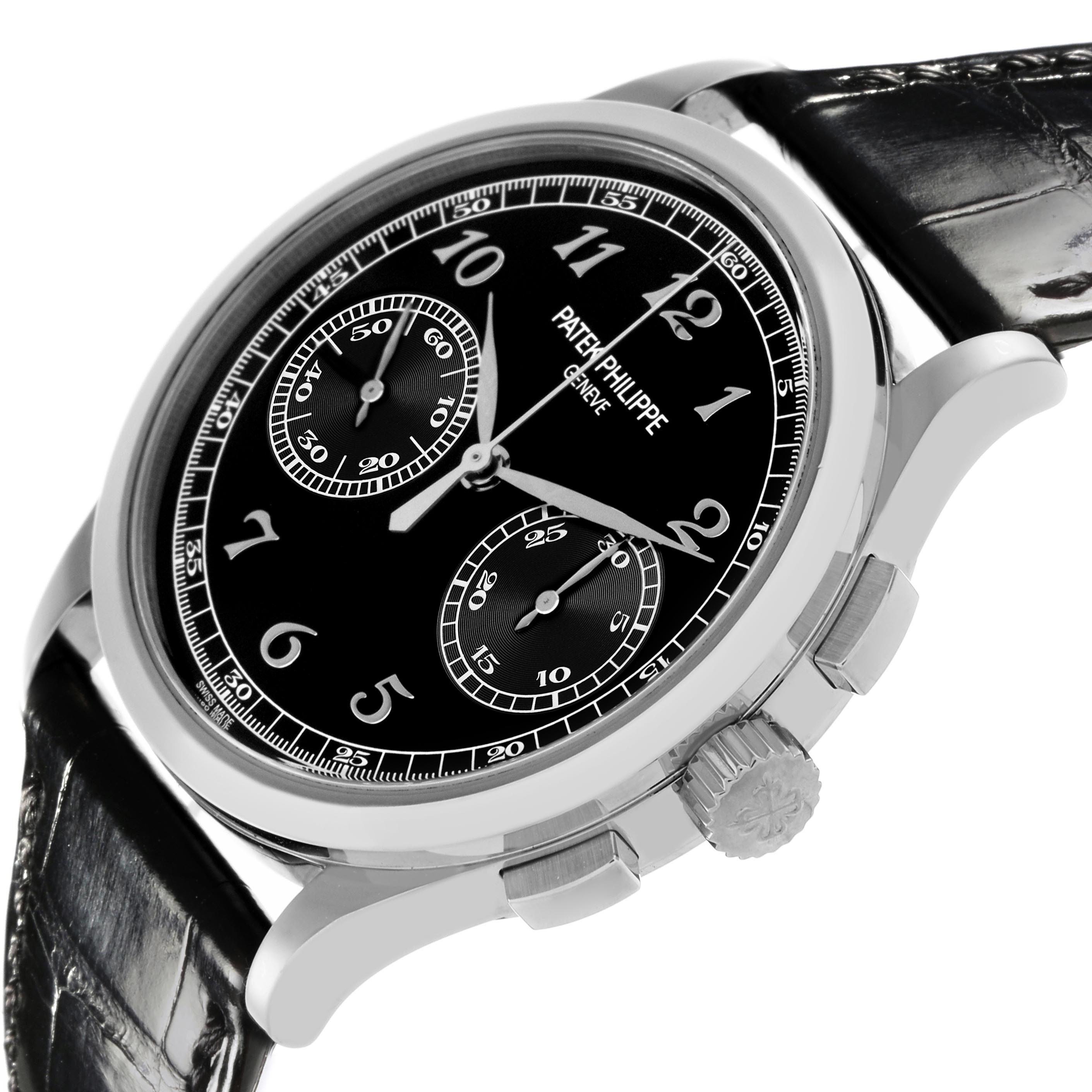 The Patek Philippe Complications 5170G-010 Men
s White Gold Black Dial 5170G-010 Men
s White Gold Black Dial watch is shown at an angled side view, revealing the dial, crown, and pushers.