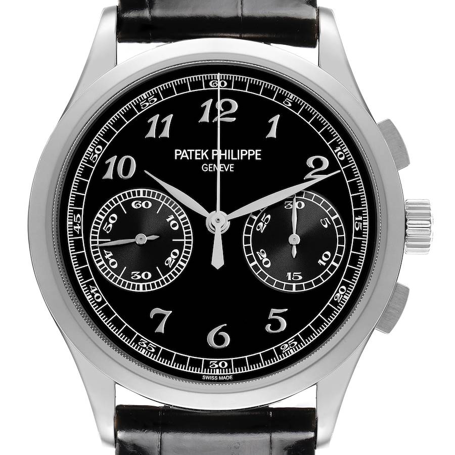The Patek Philippe Complications watch is shown from the front, highlighting the black dial, subdials, and leather strap.