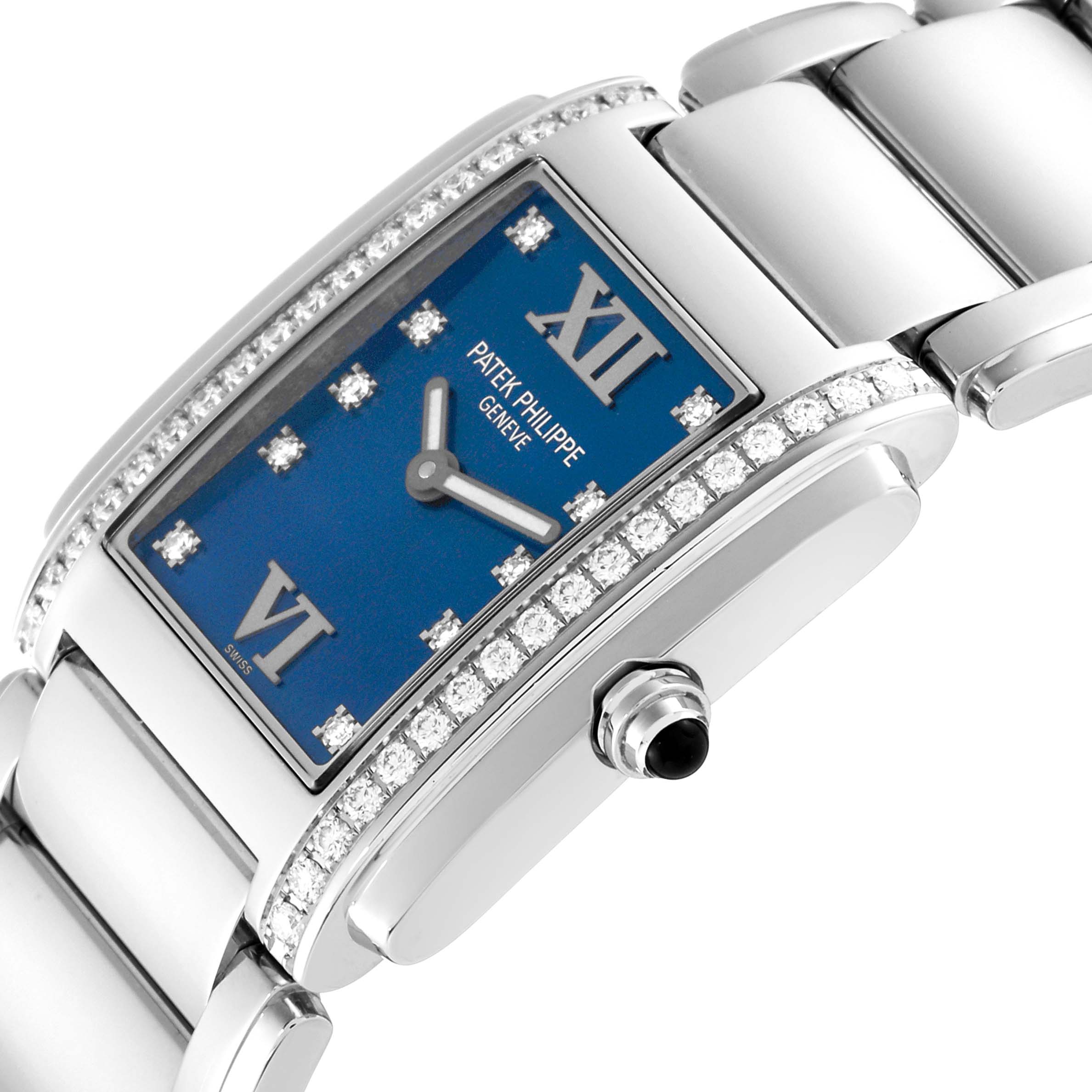 This image shows a close-up angled view of the Patek Philippe Twenty-4 4910/10A-012 Women's Stainless Steel Blue Dial 4910/10A-012 Women's Stainless Steel Blue Dial model watch, highlighting the blue dial and diamond-set bezel.