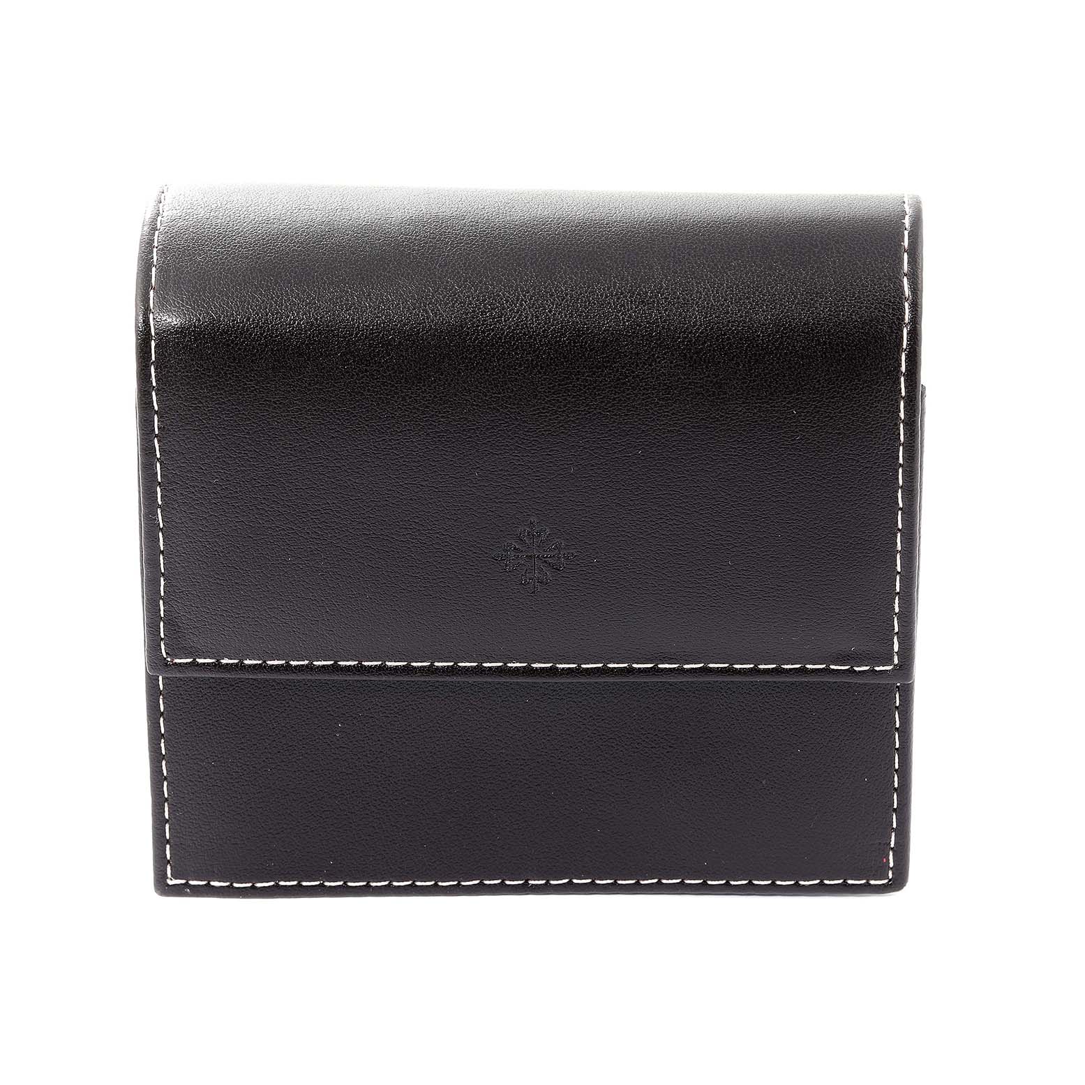 The image shows a black leather case for the Patek Philippe Twenty-4 4910/10A-012 Women's Stainless Steel Blue Dial 4910/10A-012 Women's Stainless Steel Blue Dial watch, closed and viewed from the front.