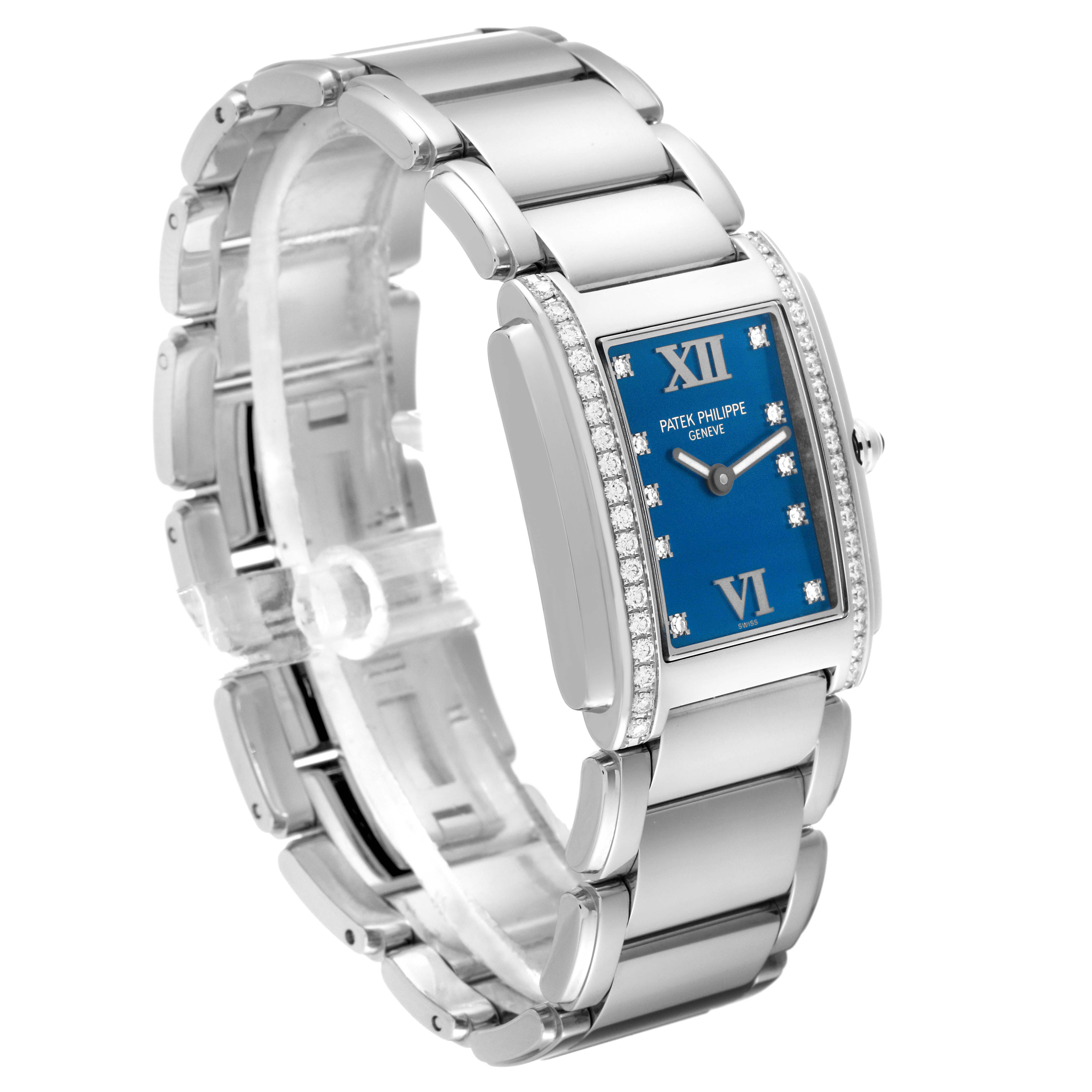 This image shows a Patek Philippe Twenty-4 4910/10A-012 Women's Stainless Steel Blue Dial 4910/10A-012 Women's Stainless Steel Blue Dial watch at an angled side view, highlighting its bracelet and blue diamond-set dial.