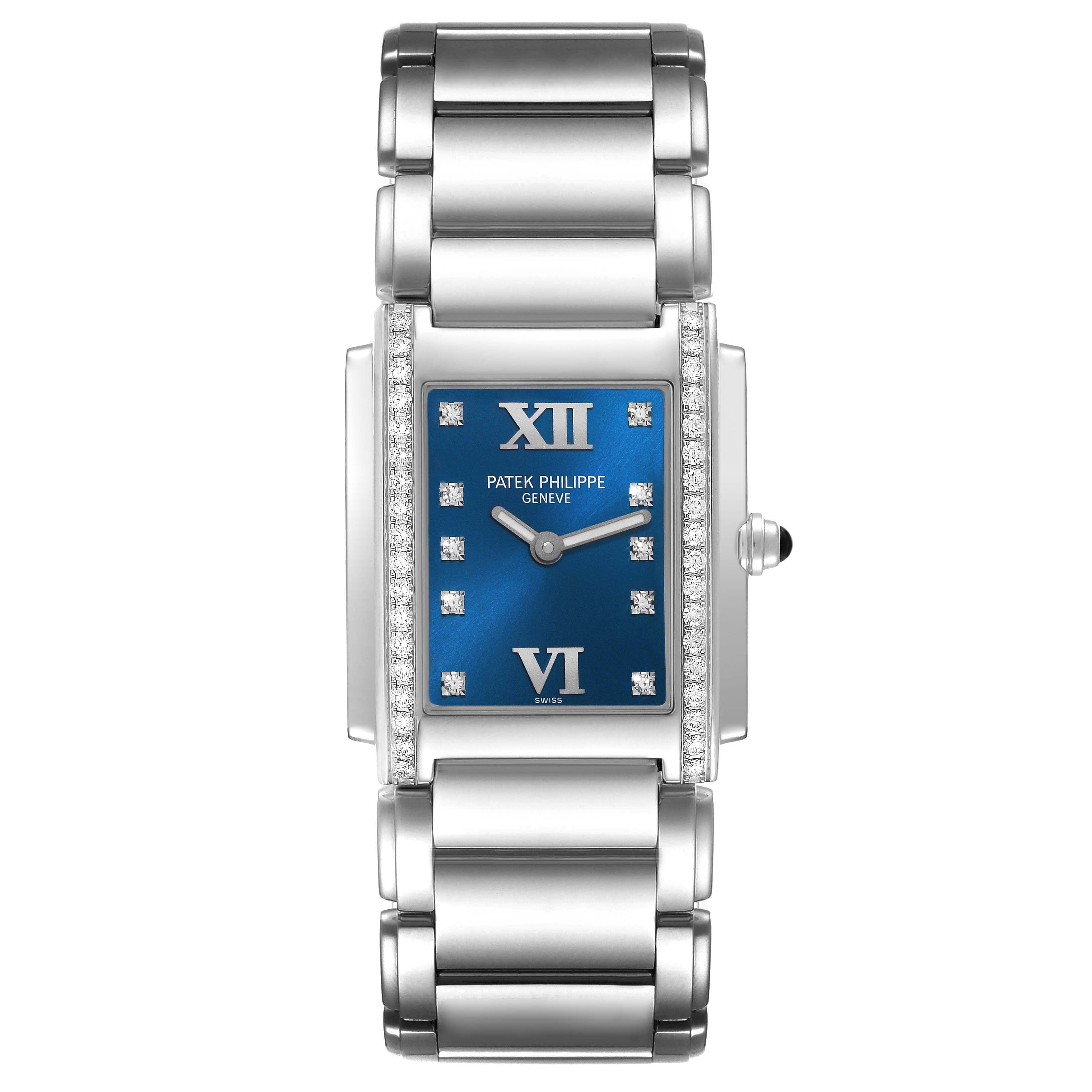This image shows a front view of the Patek Philippe Twenty-4 4910/10A-012 Women's Stainless Steel Blue Dial 4910/10A-012 Women's Stainless Steel Blue Dial watch with a blue dial and a metal bracelet.
