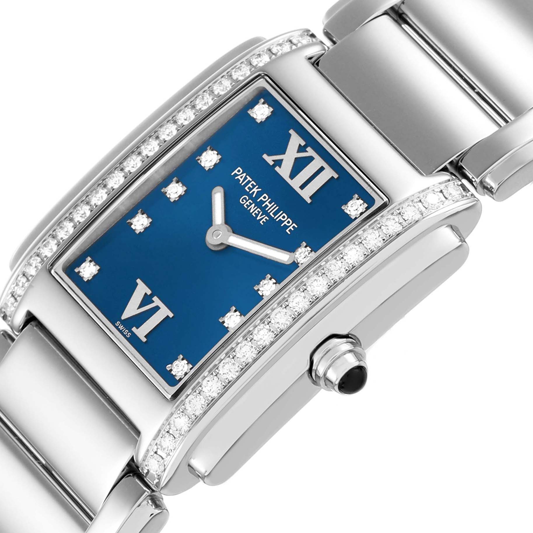 The Patek Philippe Twenty-4 4910 4910A Women's Stainless Steel Blue Dial watch is shown at an angle highlighting the blue dial, diamond accents, and crown.