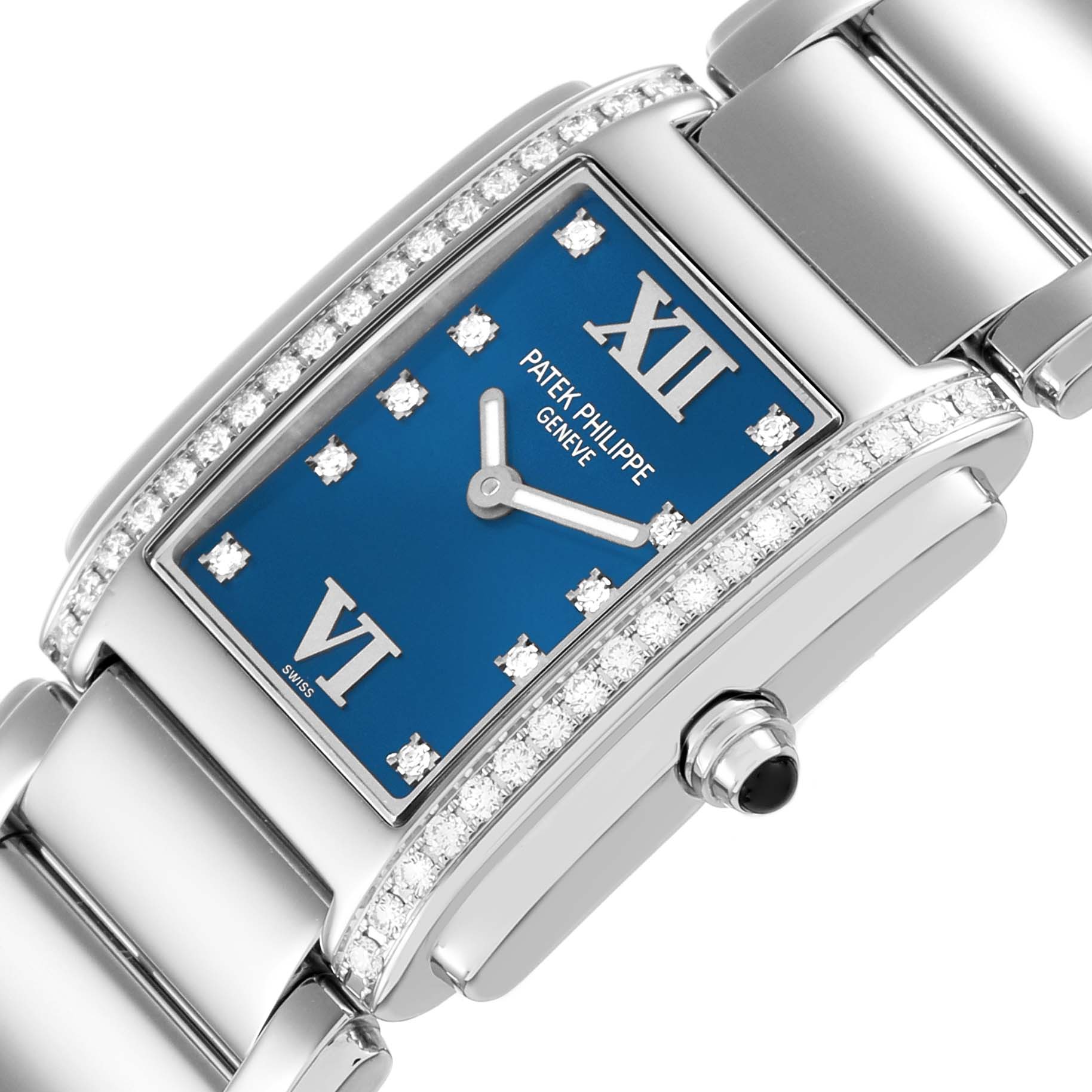 The Patek Philippe Twenty-4 4910 4910A Women's Stainless Steel Blue Dial watch is shown at an angled close-up, highlighting the face, bezel, and part of the bracelet.
