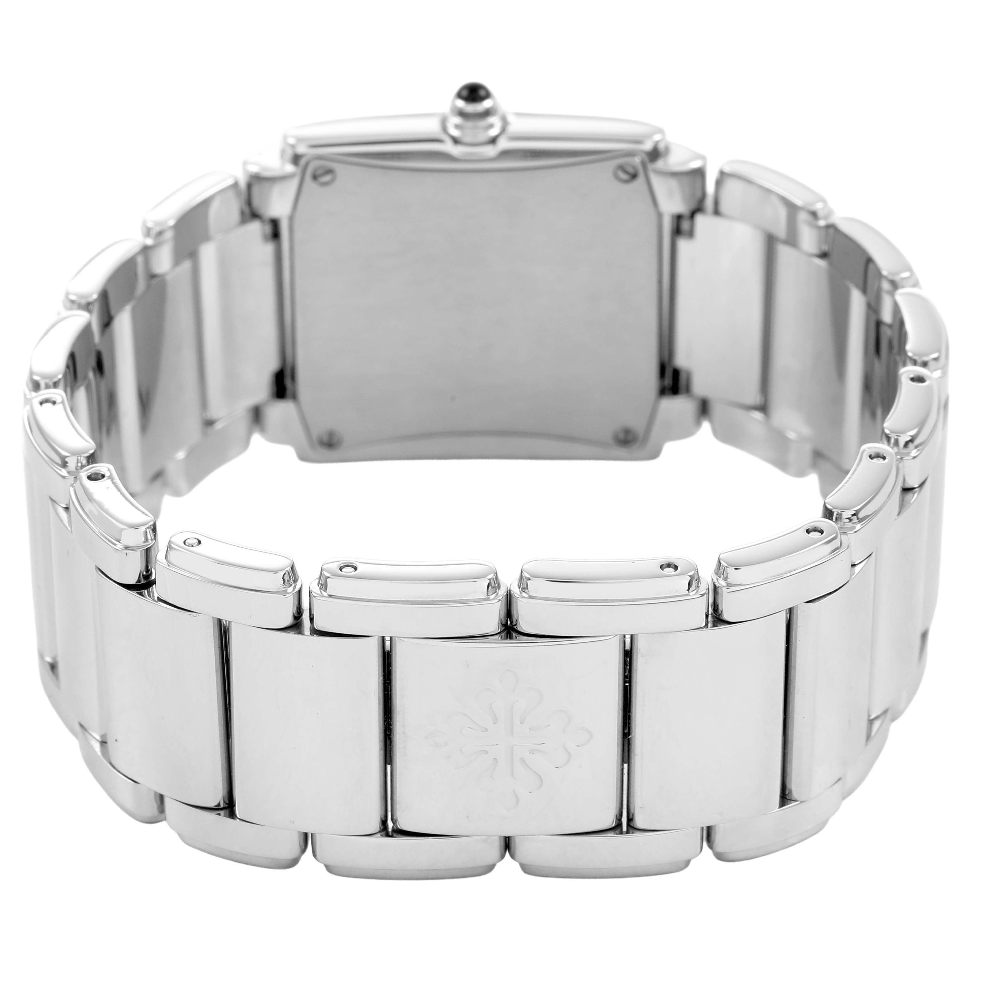 The image shows the back view of the Patek Philippe Twenty-4 4910 4910A Women's Stainless Steel Blue Dial watch, highlighting the bracelet and case back.