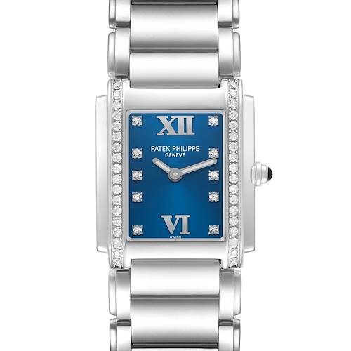 The Patek Philippe Twenty-4 4910 4910A Women's Stainless Steel Blue Dial watch is shown from a top view, highlighting the blue dial, Roman numerals, and diamond accents.