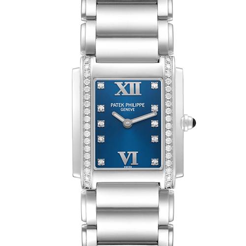 The Patek Philippe Twenty-4 4910 4910A Women's Stainless Steel Blue Dial watch is shown from a top view highlighting its blue dial, bracelet, diamonds, and Roman numerals.