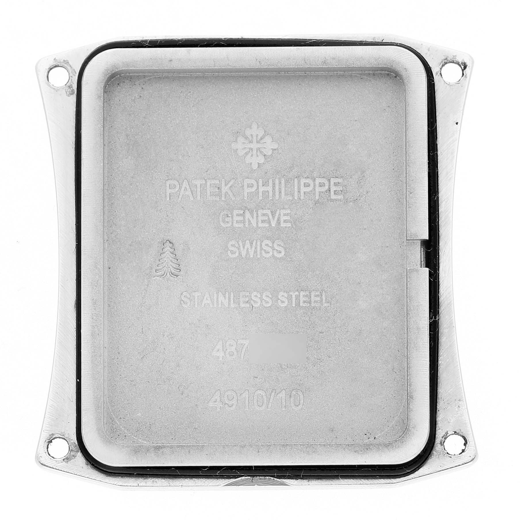 The image shows the back case of a Patek Philippe Twenty-4 4910/10A-012 Women's Stainless Steel Blue Dial watch, highlighting the engravings and stainless steel material.