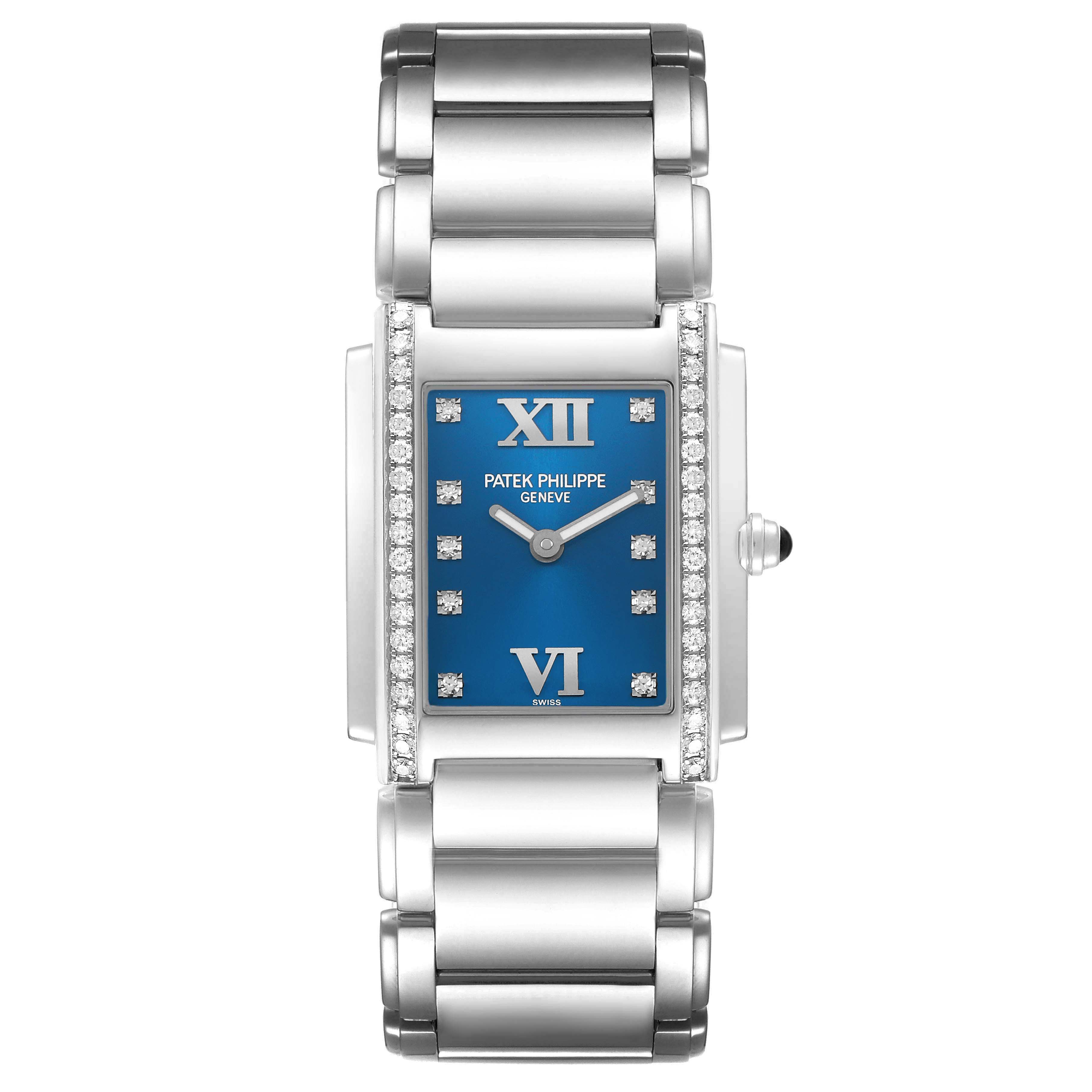 The Patek Philippe Twenty-4 4910/10A-012 Women's Stainless Steel Blue Dial watch is shown from the top, highlighting its blue dial, diamond-set bezel, and stainless steel bracelet.