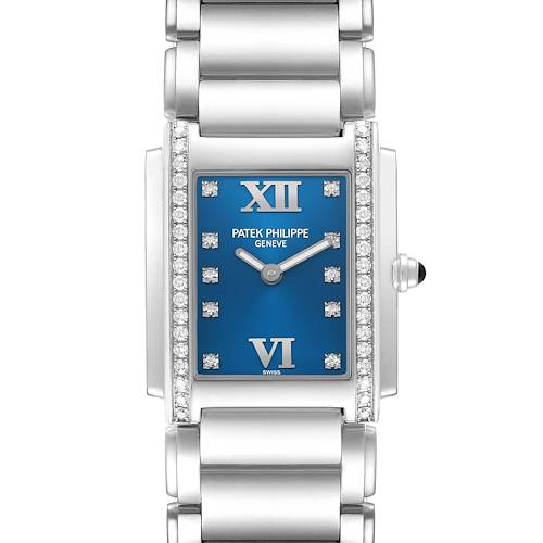 The image shows a top-down view of a Patek Philippe Twenty-4 4910/10A-012 Women's Stainless Steel Blue Dial watch, highlighting its blue dial, diamond markers, and metal bracelet.