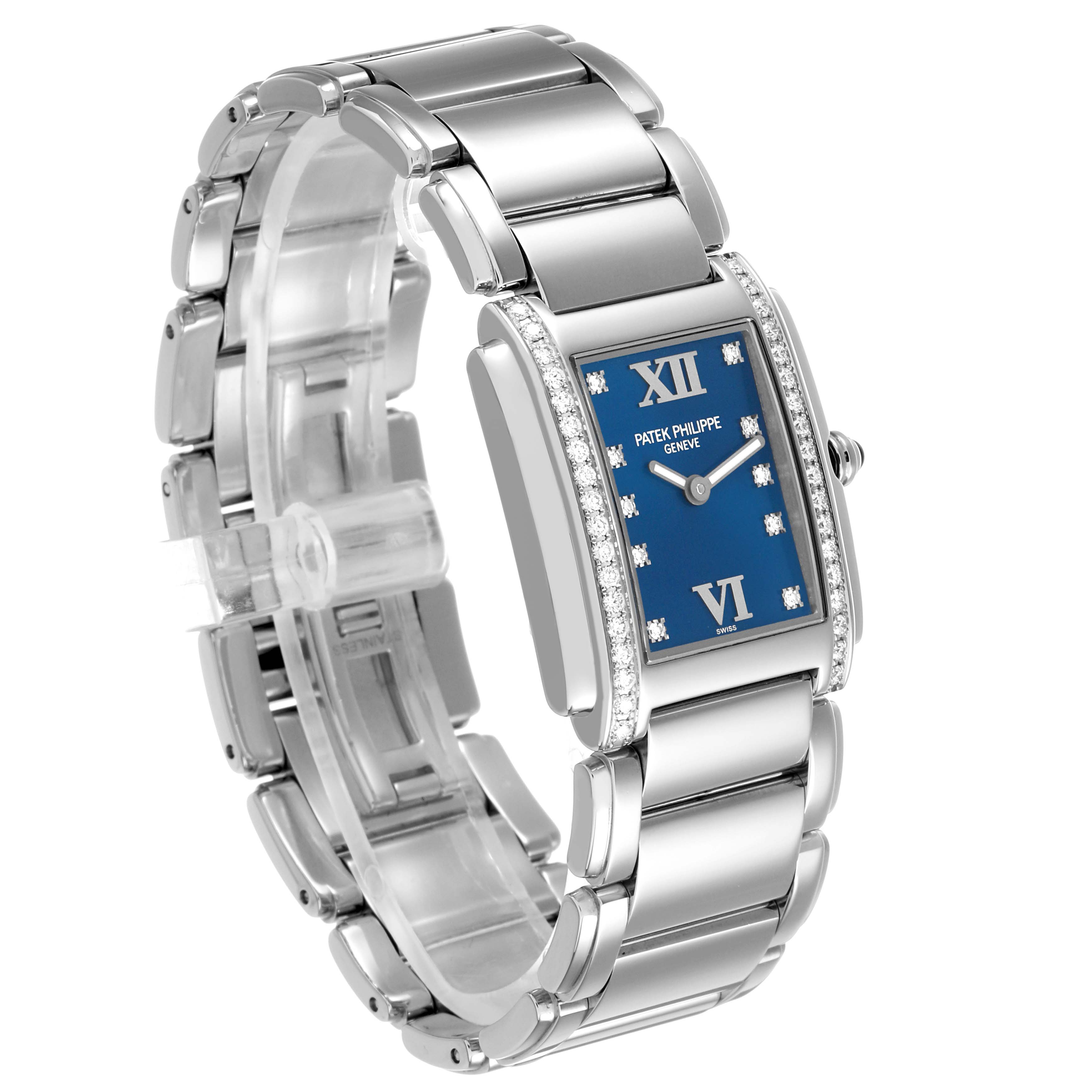 The Patek Philippe Twenty-4 4910/10A-012 Women's Stainless Steel Blue Dial watch is shown at an angle highlighting its rectangular face, diamond setting, and metal bracelet.