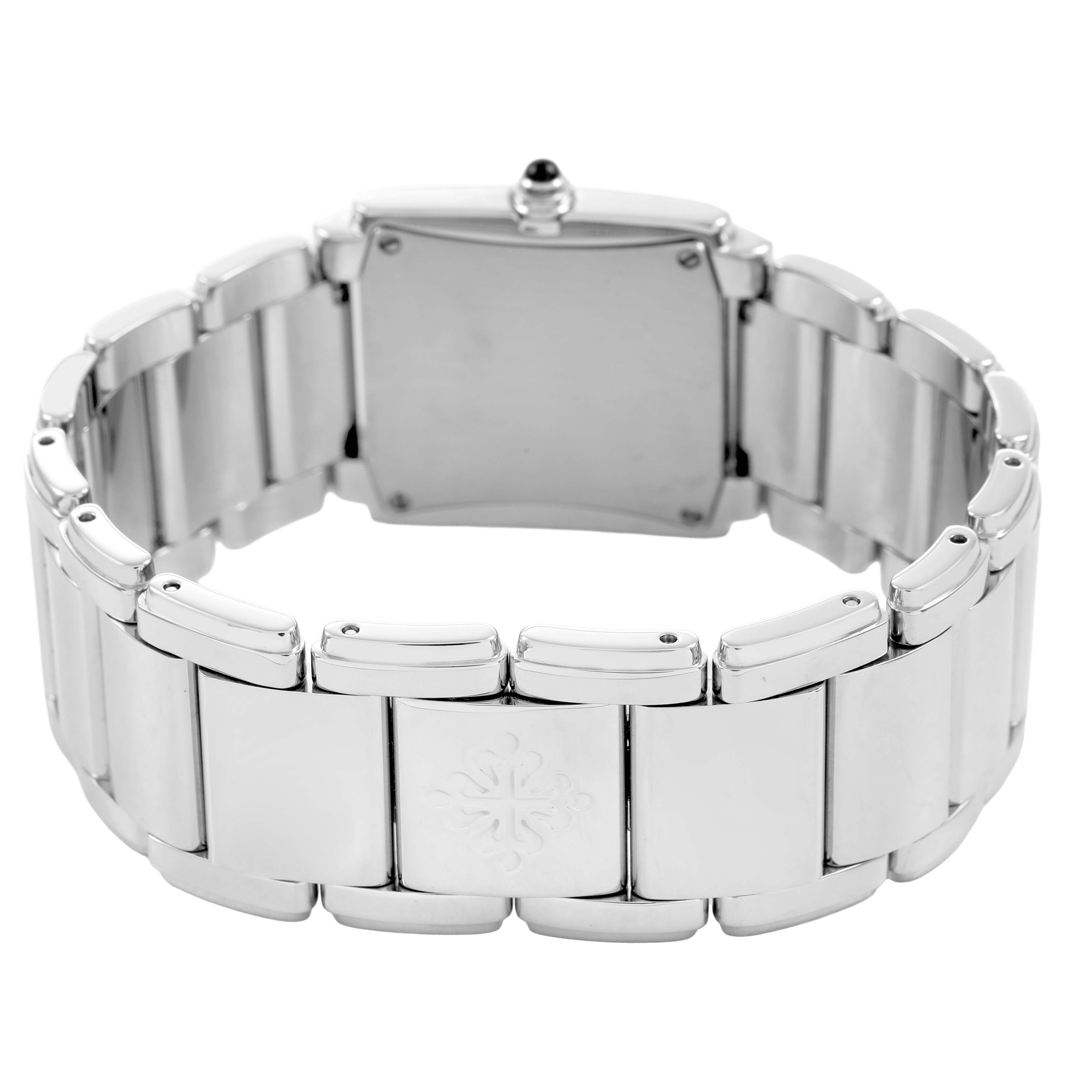 The image shows the back view of the Patek Philippe Twenty-4 4910/10A-012 Women's Stainless Steel Blue Dial watch, highlighting the stainless steel bracelet and clasp.