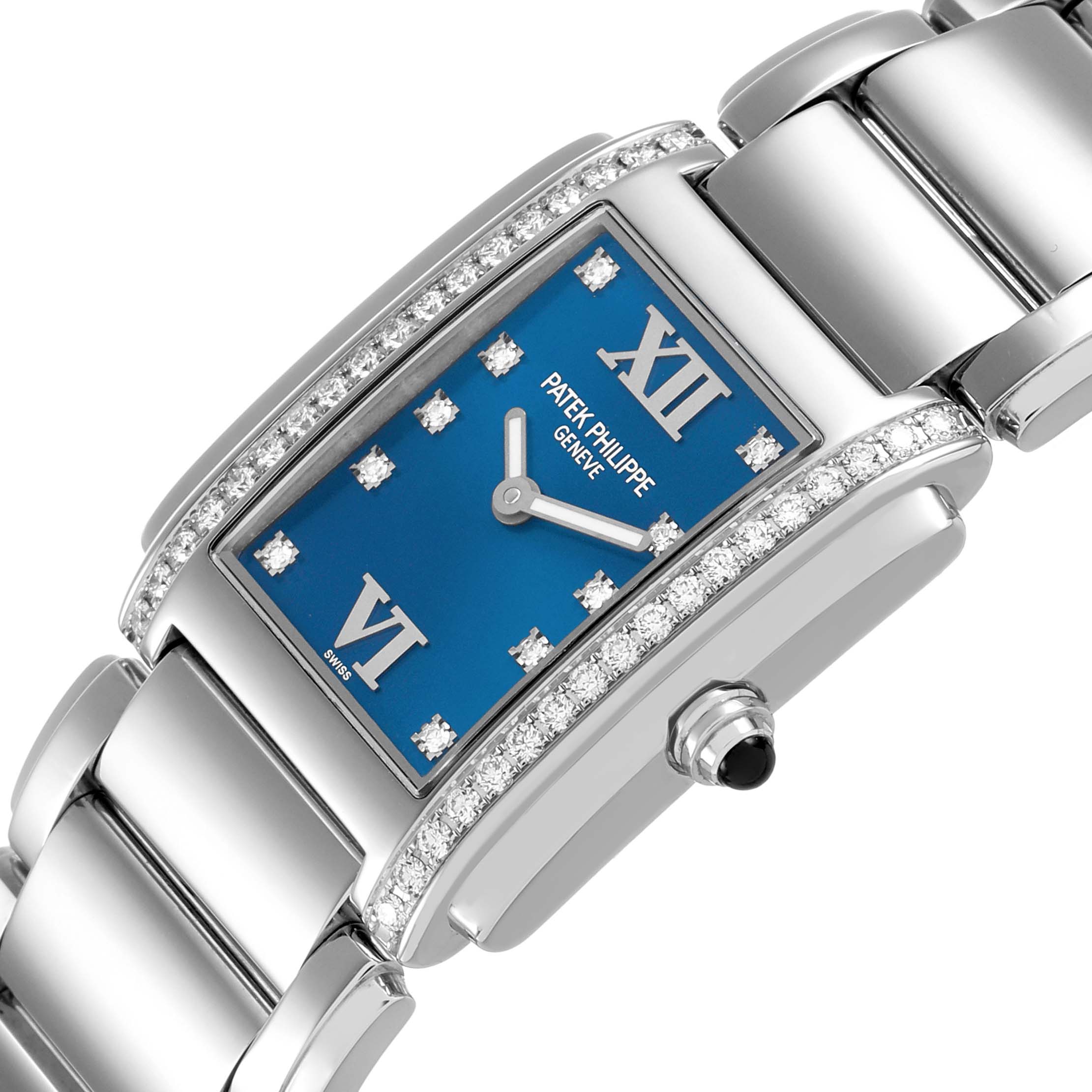 The image shows a close-up of the Patek Philippe Twenty-4 4910/10A-012 Women's Stainless Steel Blue Dial watch, highlighting the blue dial, diamond accents, and part of the bracelet.