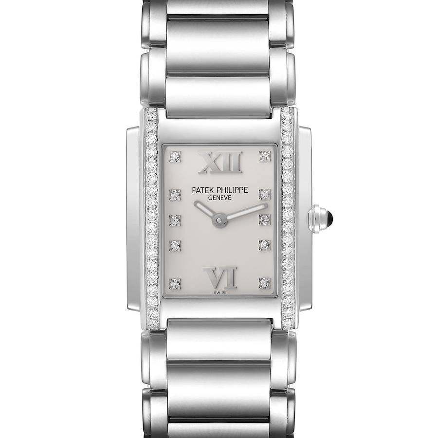 The Patek Philippe Twenty-4 watch is shown from a top view, highlighting its rectangular face, diamond accents, and bracelet.