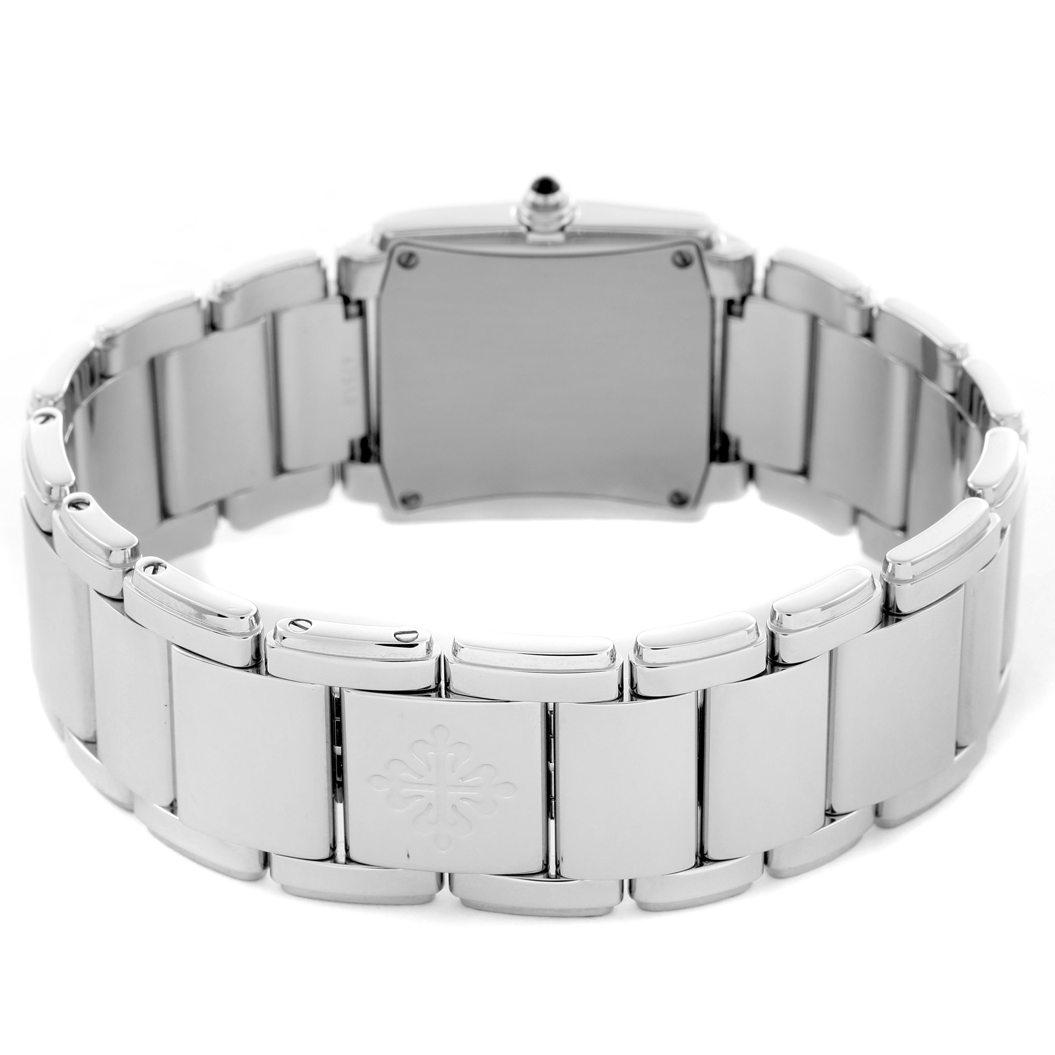 This image shows the back view of a Patek Philippe Twenty-4 4910 Women
s Stainless Steel Silver Dial 4910 Women
s Stainless Steel Silver Dial watch, highlighting the bracelet and case back.