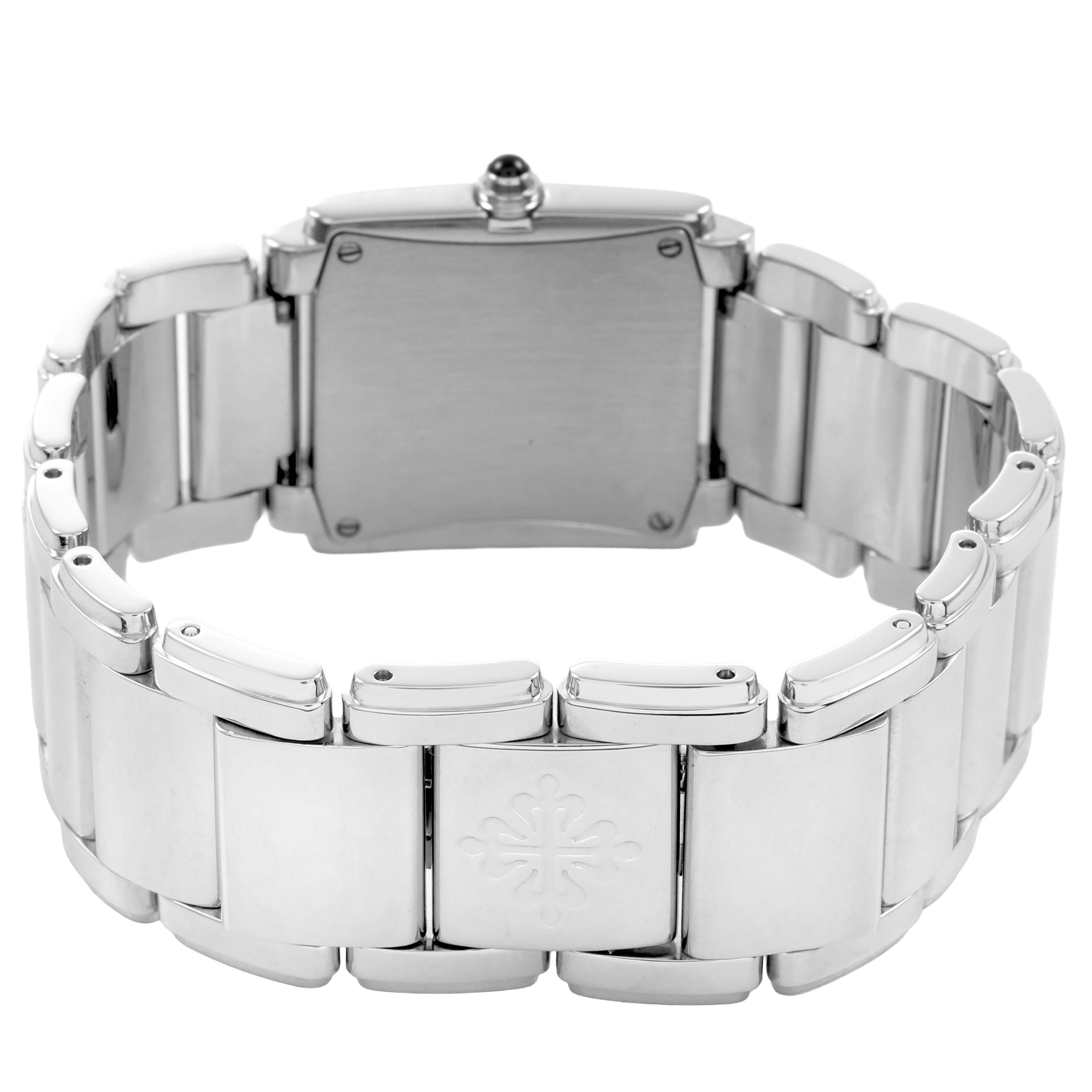 The image shows the back casing and bracelet of the Patek Philippe Twenty-4 4910/10A-011 Women's Stainless Steel Silver Dial watch, highlighting its links and clasp.