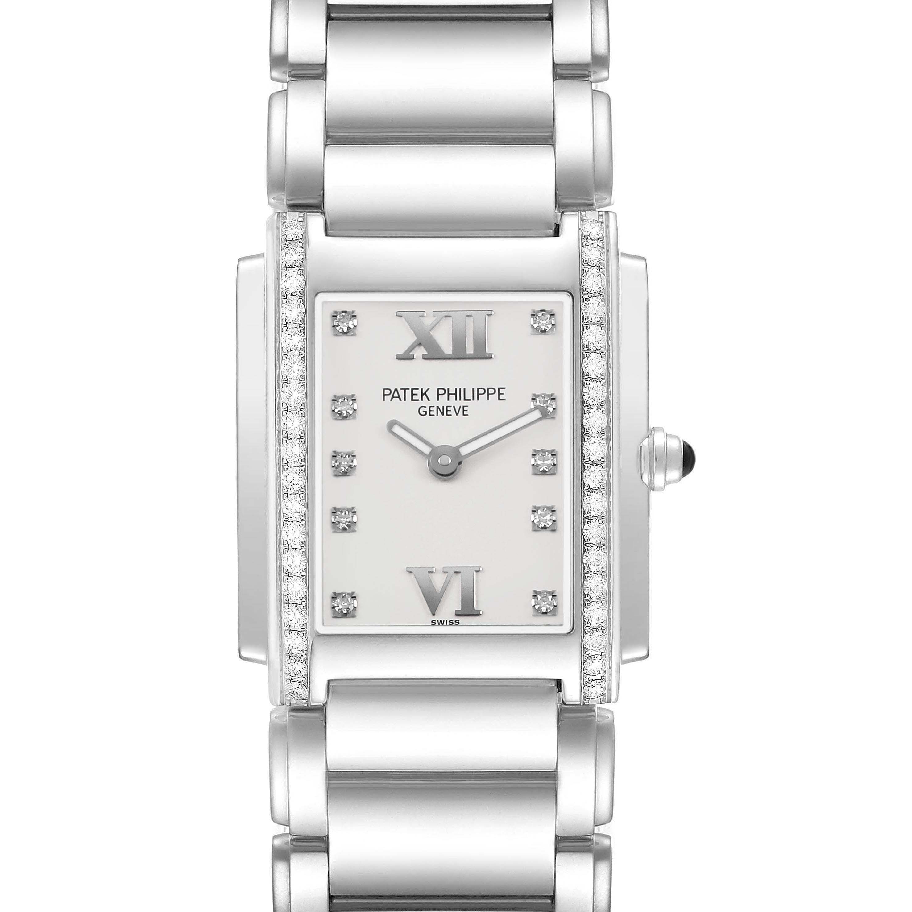 The Patek Philippe Twenty-4 4910/10A-011 Women's Stainless Steel Silver Dial watch is shown from a front angle, highlighting the bracelet, rectangular case, and diamond accents.