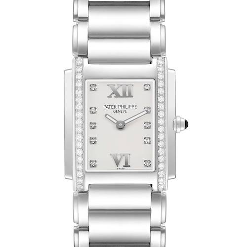 The Patek Philippe Twenty-4 4910/10A-011 Women's Stainless Steel Silver Dial watch is shown from the front, highlighting the rectangular face, diamond markers, and metal bracelet.