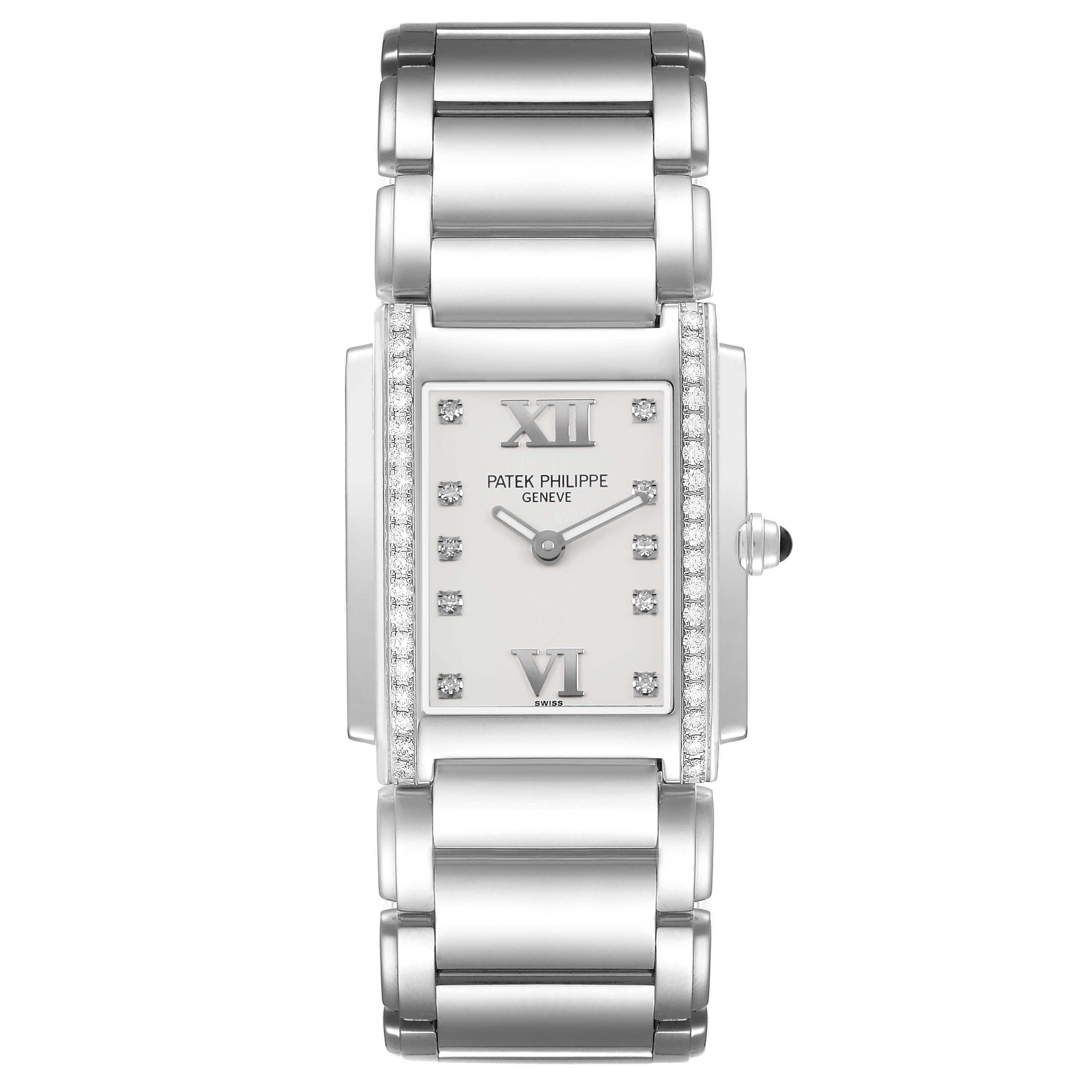 The Patek Philippe Twenty-4 4910/10A-011 Women's Stainless Steel Silver Dial watch is shown from the front, highlighting the face, bracelet, and diamond details.
