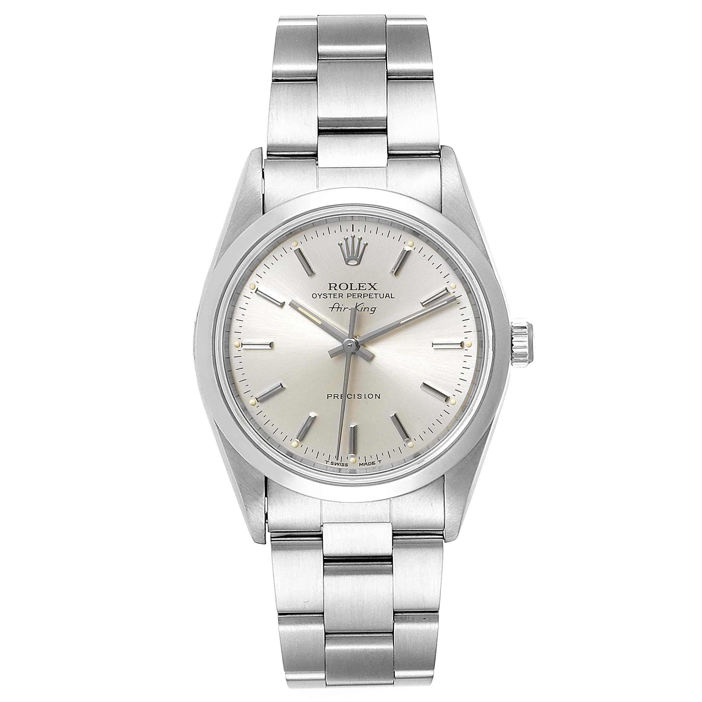 The Rolex Air-King 14000 Men's Stainless Steel Silver Dial 14000 Men's Stainless Steel Silver Dial watch is shown from a straight-on angle, showcasing the entire watch face and bracelet.