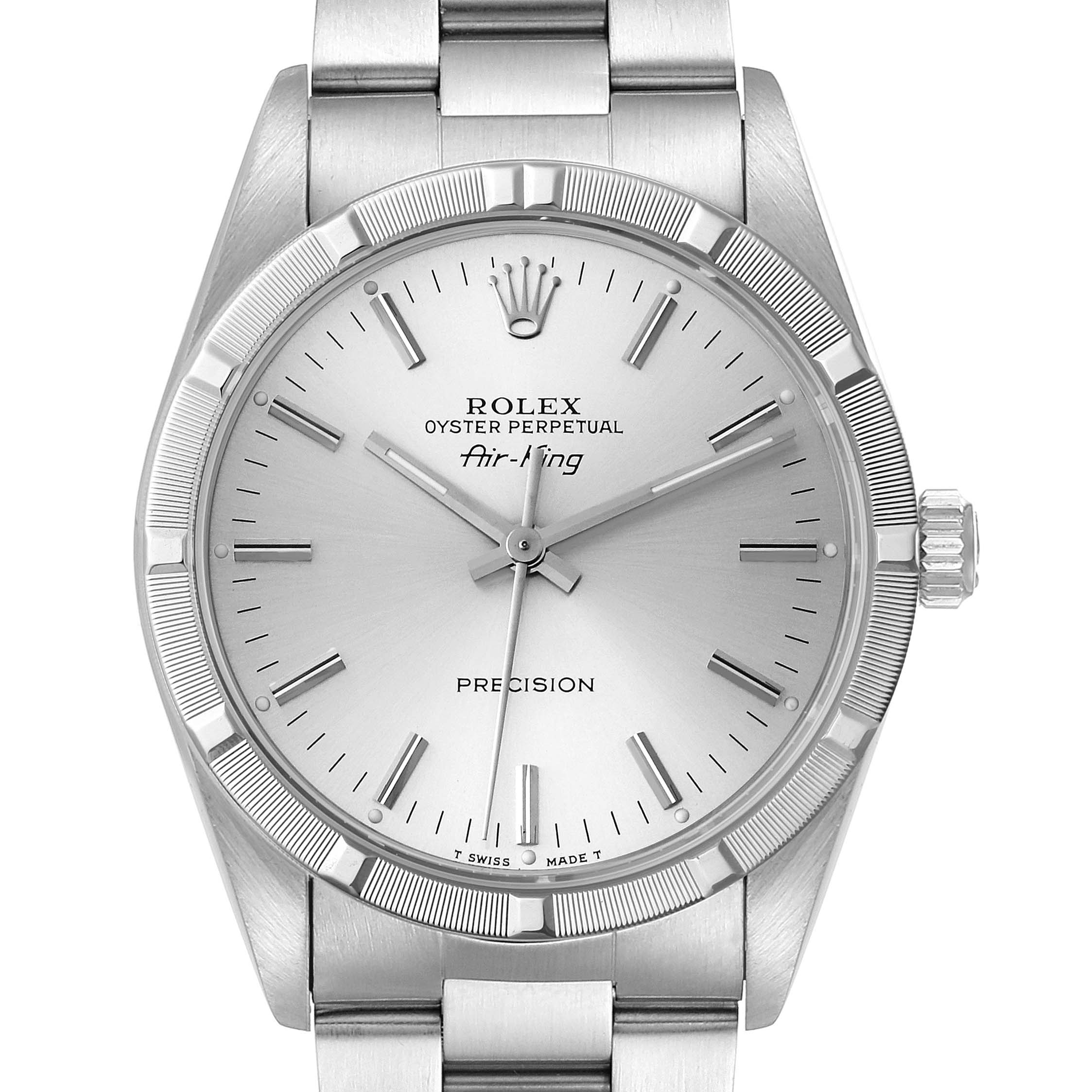 This image shows a front view of a Rolex Air-King 14010 Men's Stainless Steel Silver Dial 14010 Men's Stainless Steel Silver Dial watch, featuring the dial, hands, bezel, crown, and part of the bracelet.