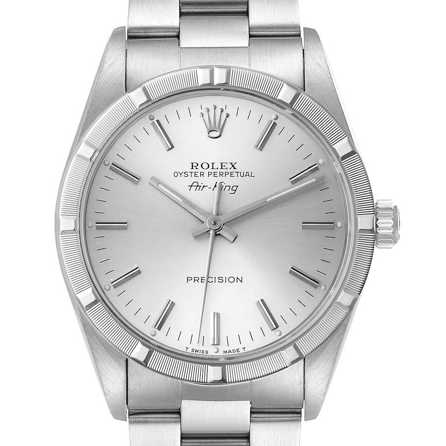 Rolex Air King Engine Turned Bezel Silver Dial Steel Mens Watch 14010 SwissWatchExpo