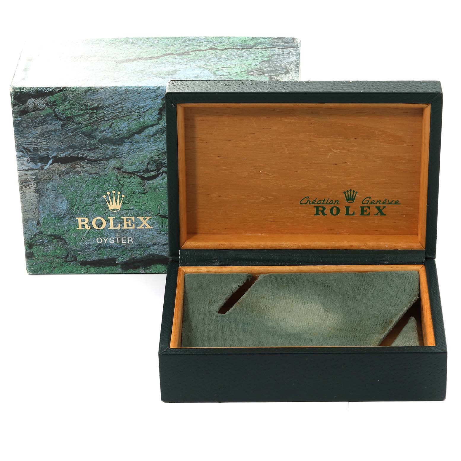 This image shows an open Rolex Air-King 14010 Men's Stainless Steel Silver Dial 14010 Men's Stainless Steel Silver Dial watch box, displaying the interior with the original packaging.