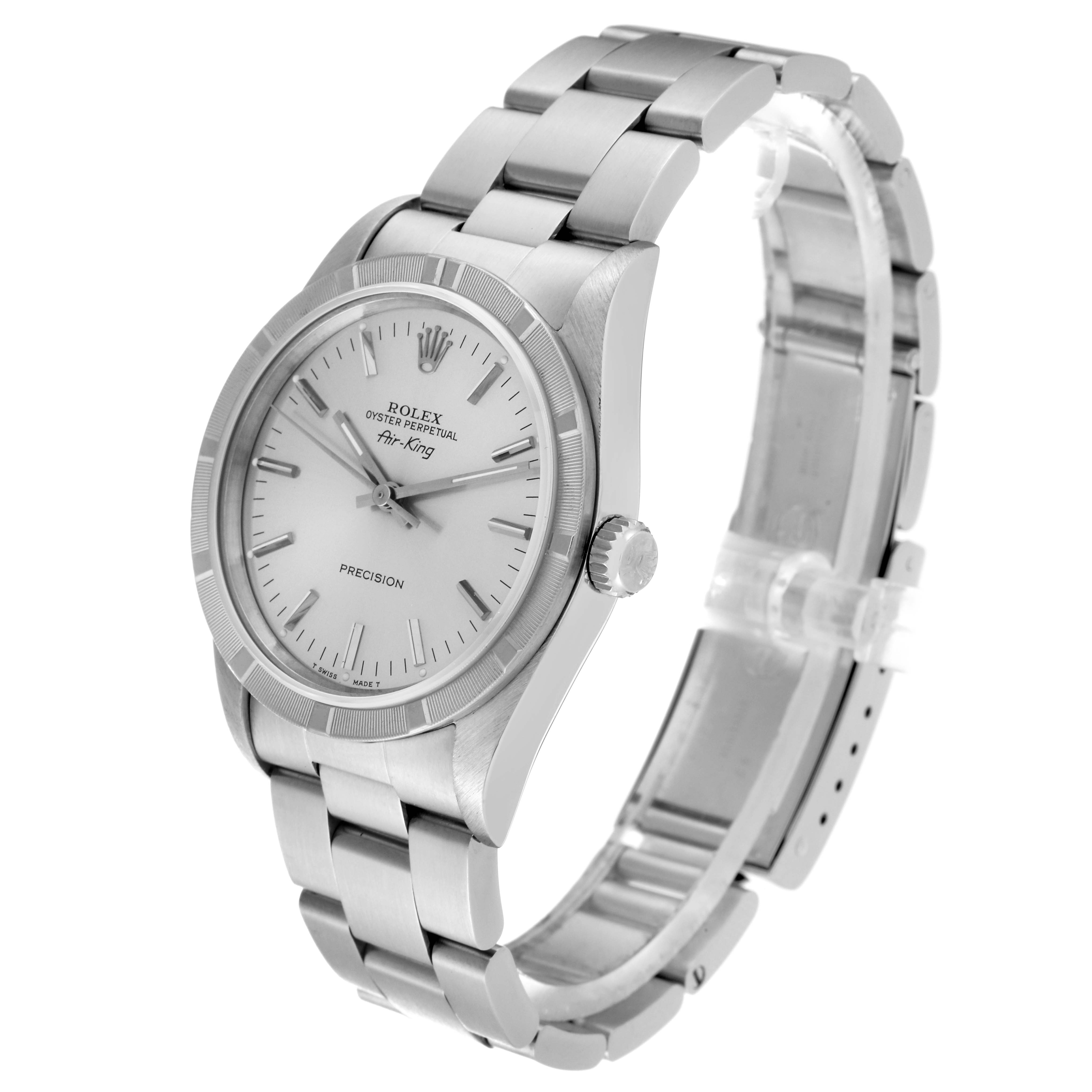 The Rolex Air-King 14010 Men's Stainless Steel Silver Dial 14010 Men's Stainless Steel Silver Dial watch is shown at a front-angle view, displaying the face, bezel, crown, and a part of the bracelet.