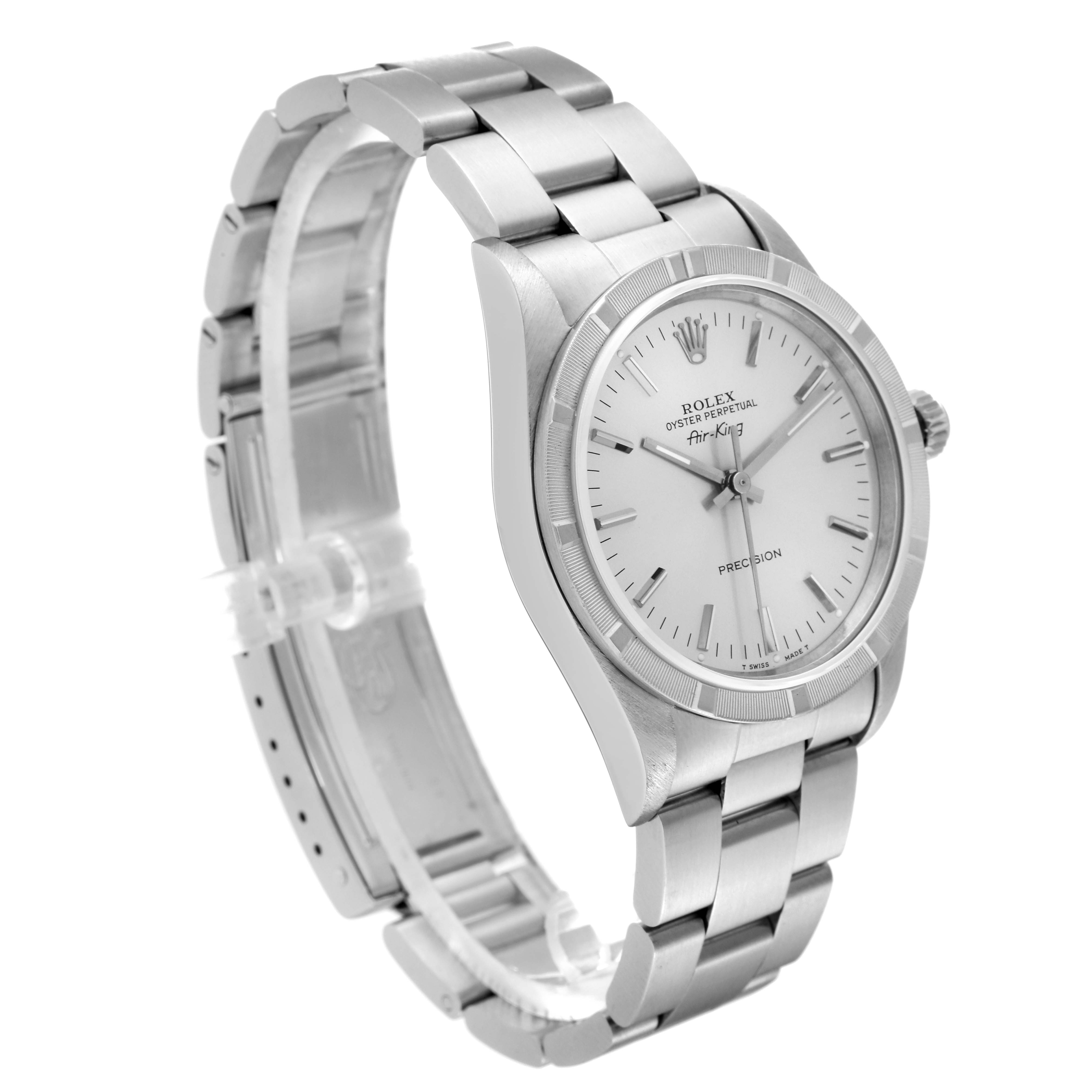 The image shows a Rolex Air-King 14010 Men's Stainless Steel Silver Dial 14010 Men's Stainless Steel Silver Dial watch from a three-quarter angle, displaying the face, bezel, crown, and bracelet.