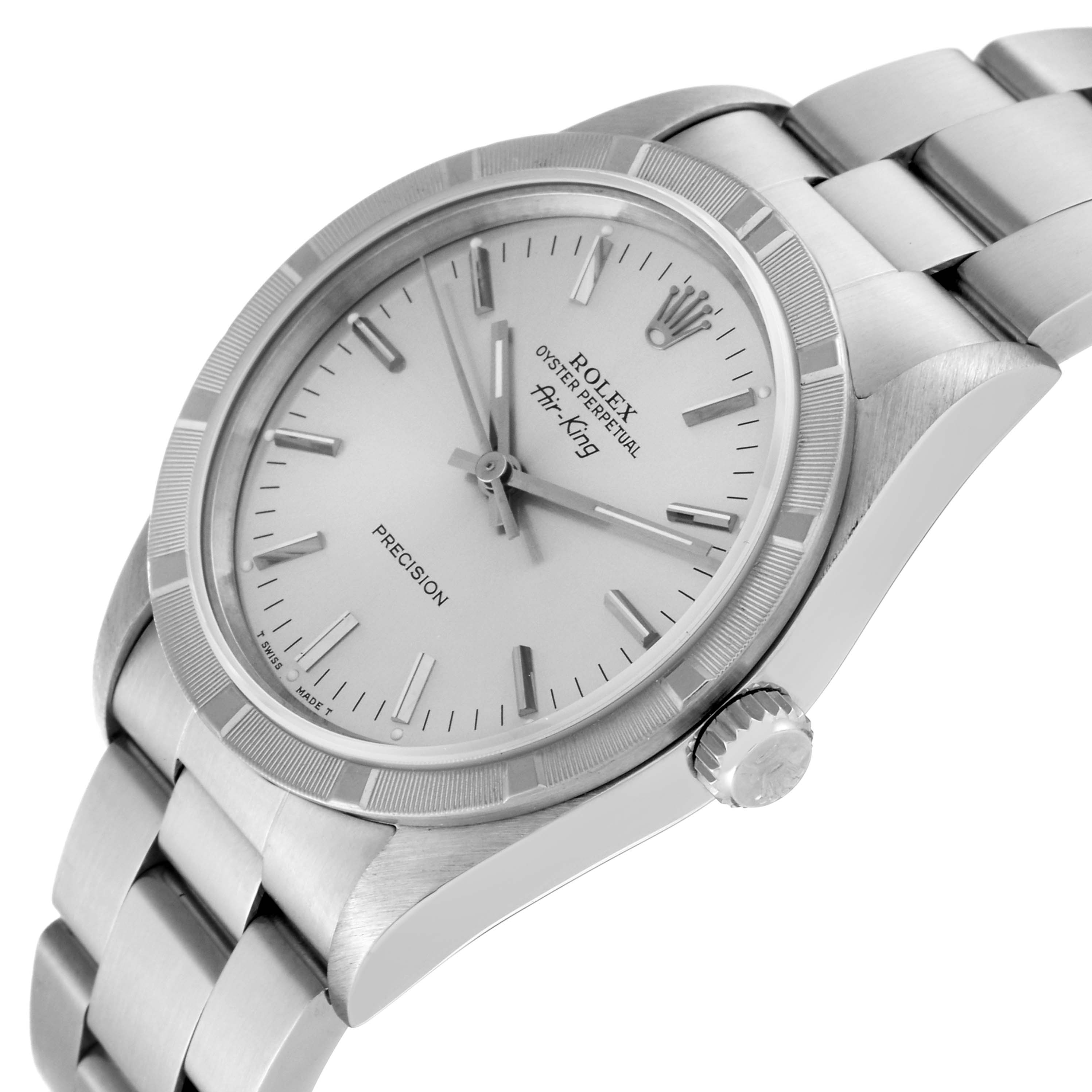 The image shows the Rolex Air-King 14010 Men's Stainless Steel Silver Dial 14010 Men's Stainless Steel Silver Dial watch at a slight angle, highlighting the dial, crown, and part of the bracelet.