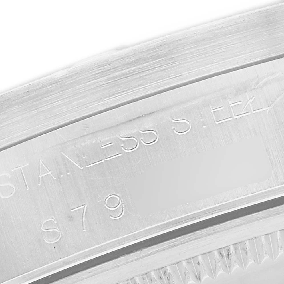 This close-up image shows the engraved stainless steel bezel and model number details of the Rolex Air-King 14010 Men's Stainless Steel Silver Dial 14010 Men's Stainless Steel Silver Dial.