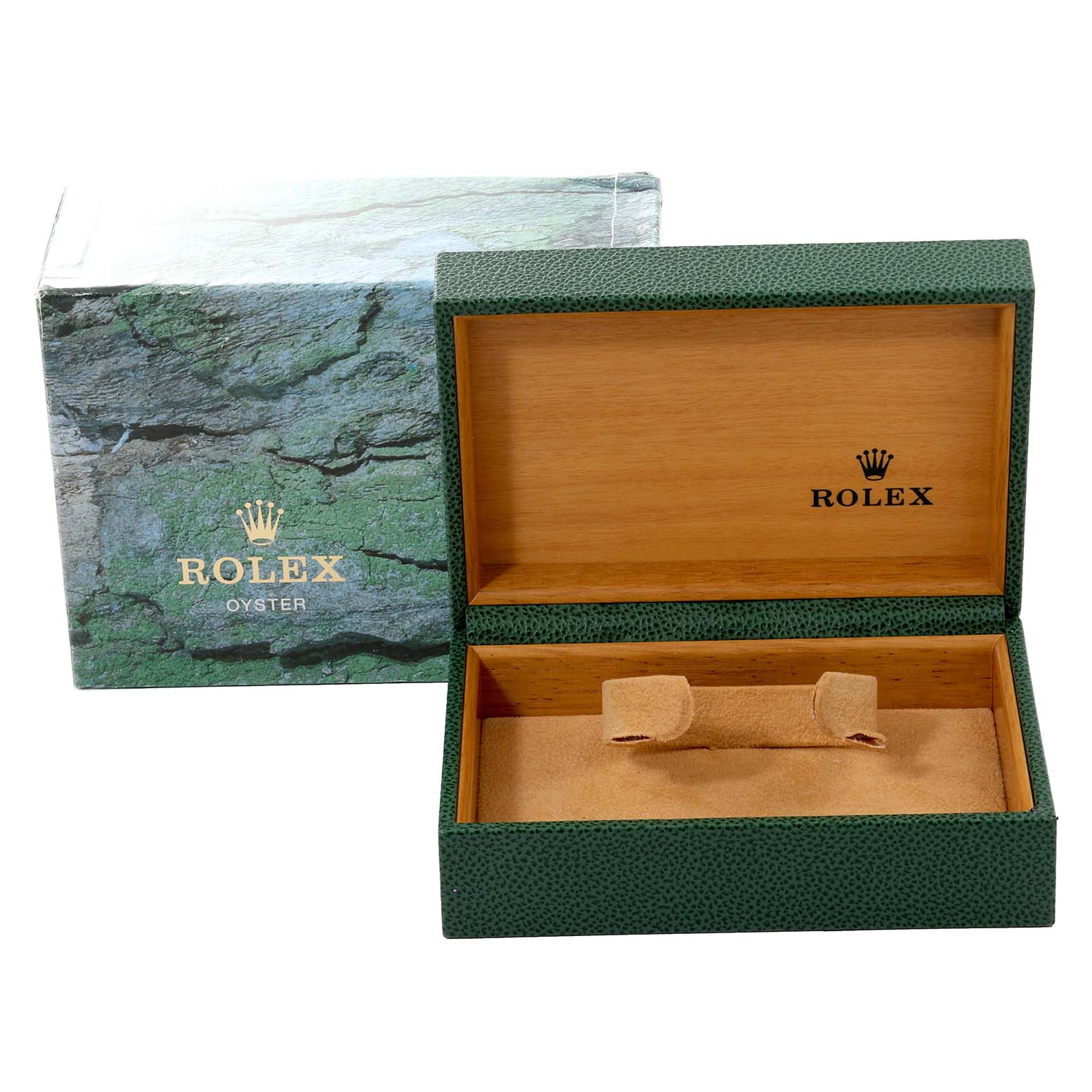 The image shows an open box and outer packaging for a Rolex Air-King 14010 Men's Stainless Steel Silver Dial 14010 Men's Stainless Steel Silver Dial watch from a straight-on angle.