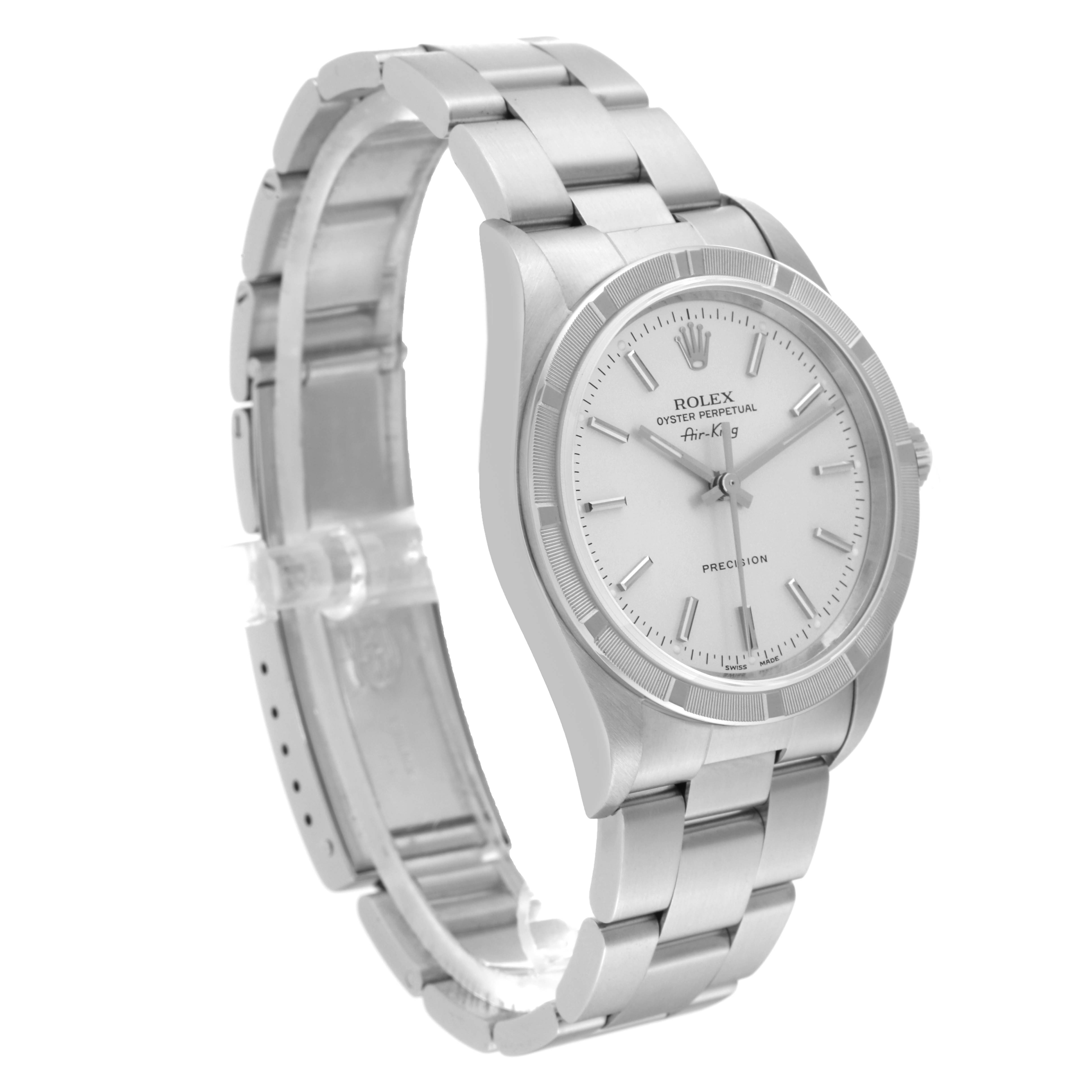 The image shows a Rolex Air-King 14010 Men's Stainless Steel Silver Dial 14010 Men's Stainless Steel Silver Dial watch at a three-quarter angle, highlighting the face, bezel, and partially open metal bracelet.
