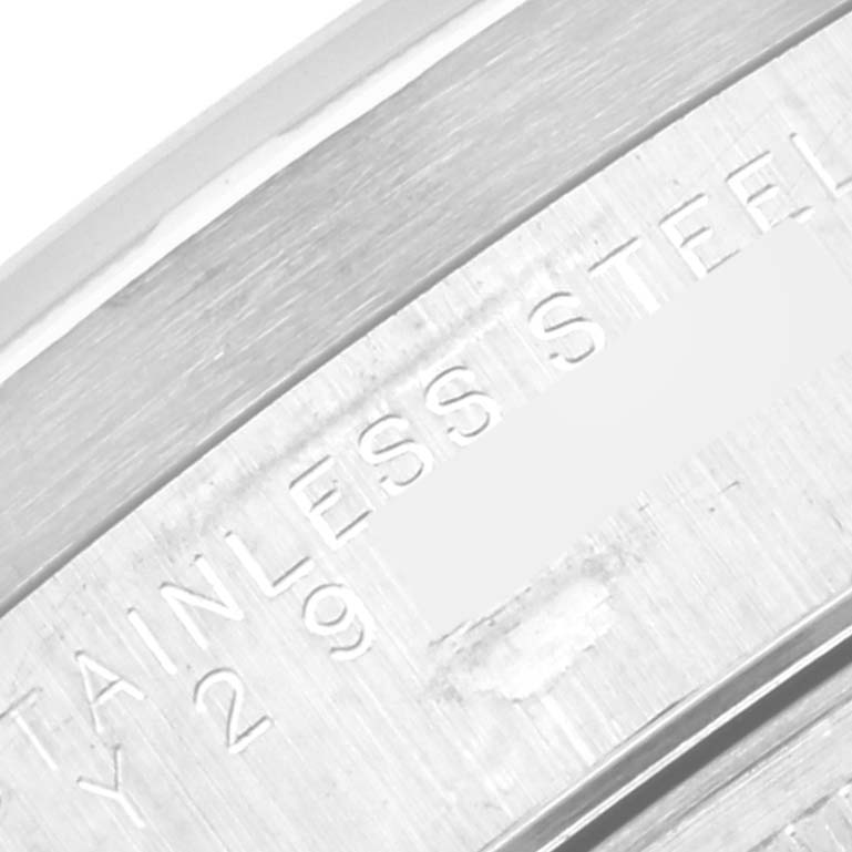 The image shows a close-up of the stainless steel casing and engraved text of a Rolex Air-King 14010 Men's Stainless Steel Silver Dial 14010 Men's Stainless Steel Silver Dial watch.