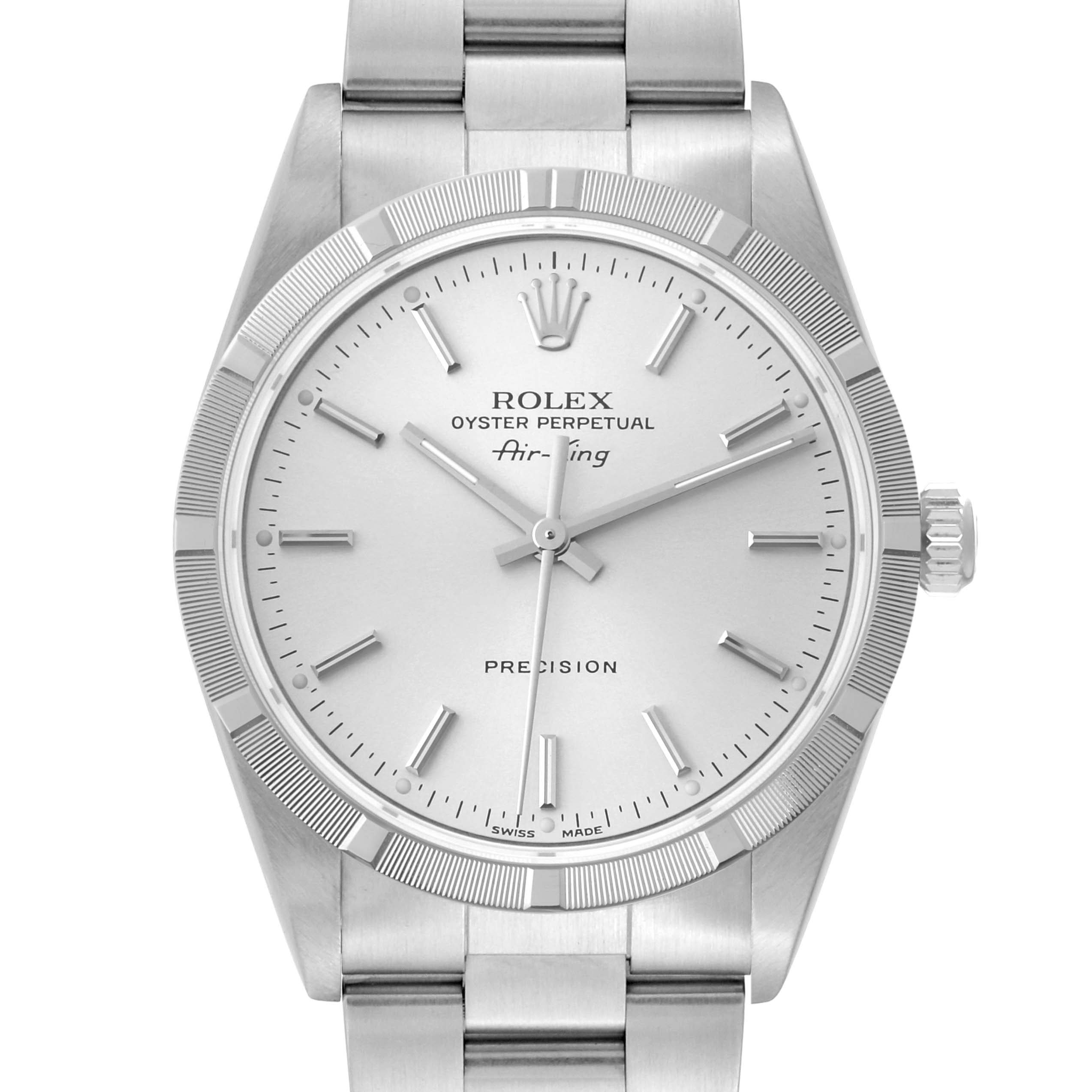 The image shows the front view of a Rolex Air-King 14010 Men's Stainless Steel Silver Dial 14010 Men's Stainless Steel Silver Dial watch, highlighting its silver dial, bezel, markers, and stainless steel bracelet.